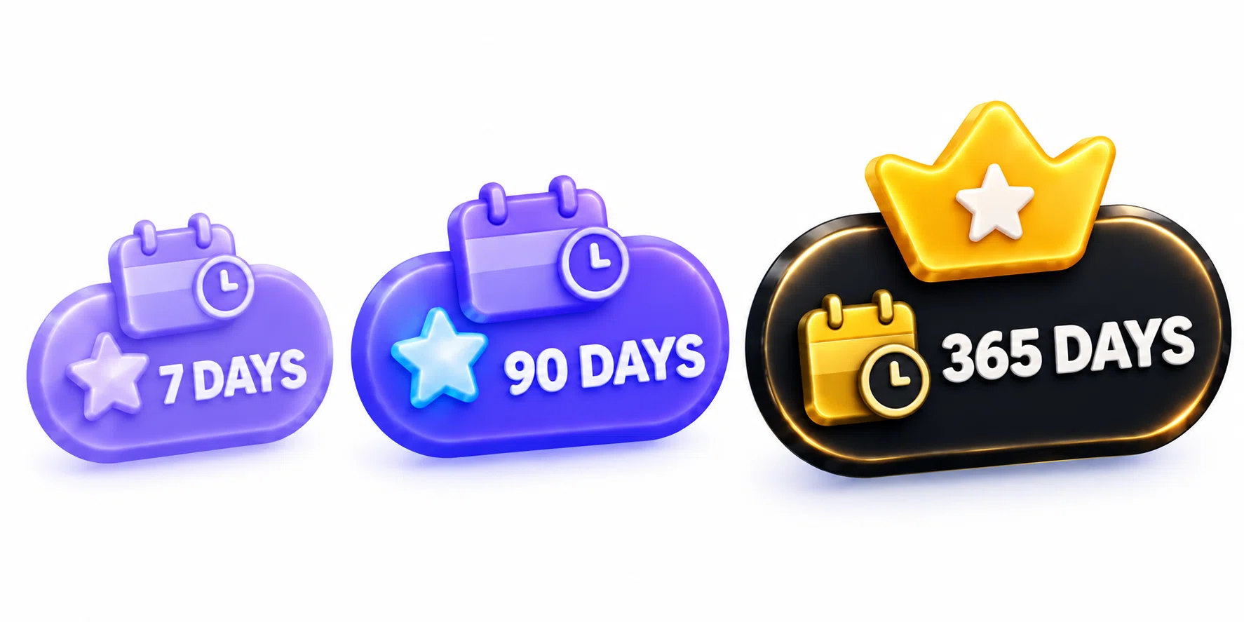 Telegram Premium member badges showing 7 day, 90 day, and 365 day subscription duration tiers