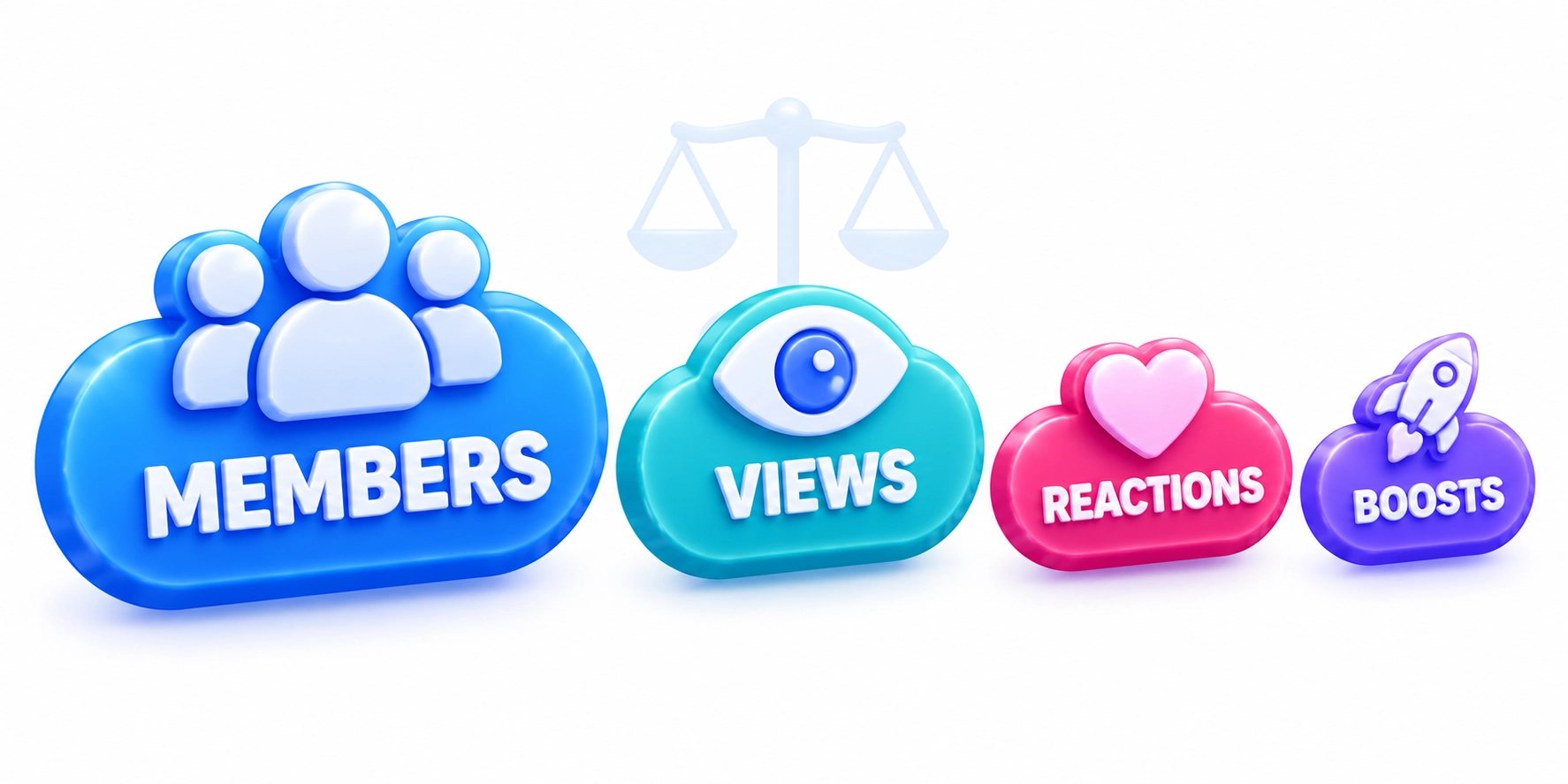 Icons for Telegram SMM services — members, views, reactions, and boosts — balanced to match channel size
