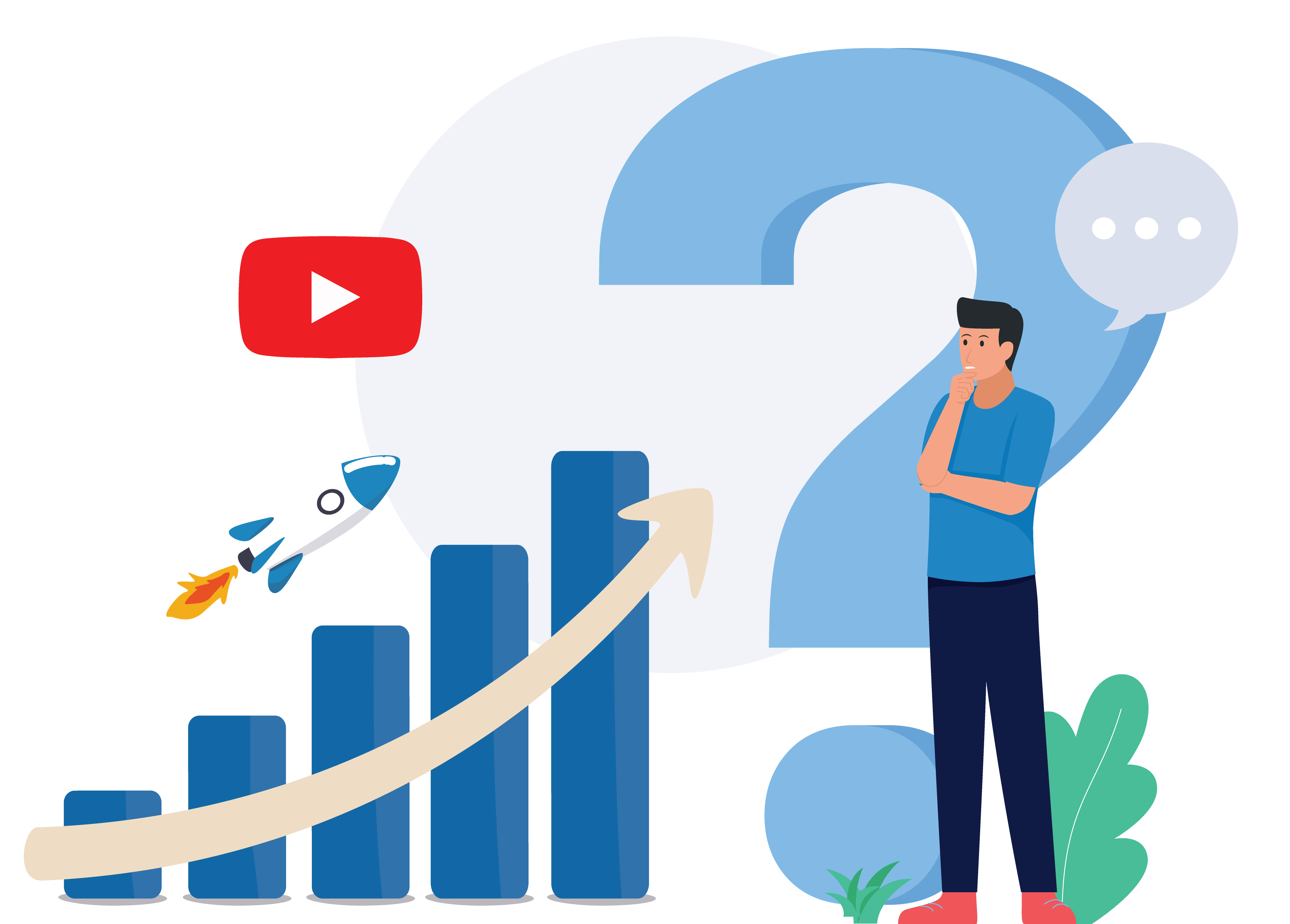 Illustration of YouTube growth showing a rising bar chart, a rocket symbolizing fast results, and a person thinking with a question mark behind them. The image represents choosing the best YouTube SMM panel for faster channel growth and better performance