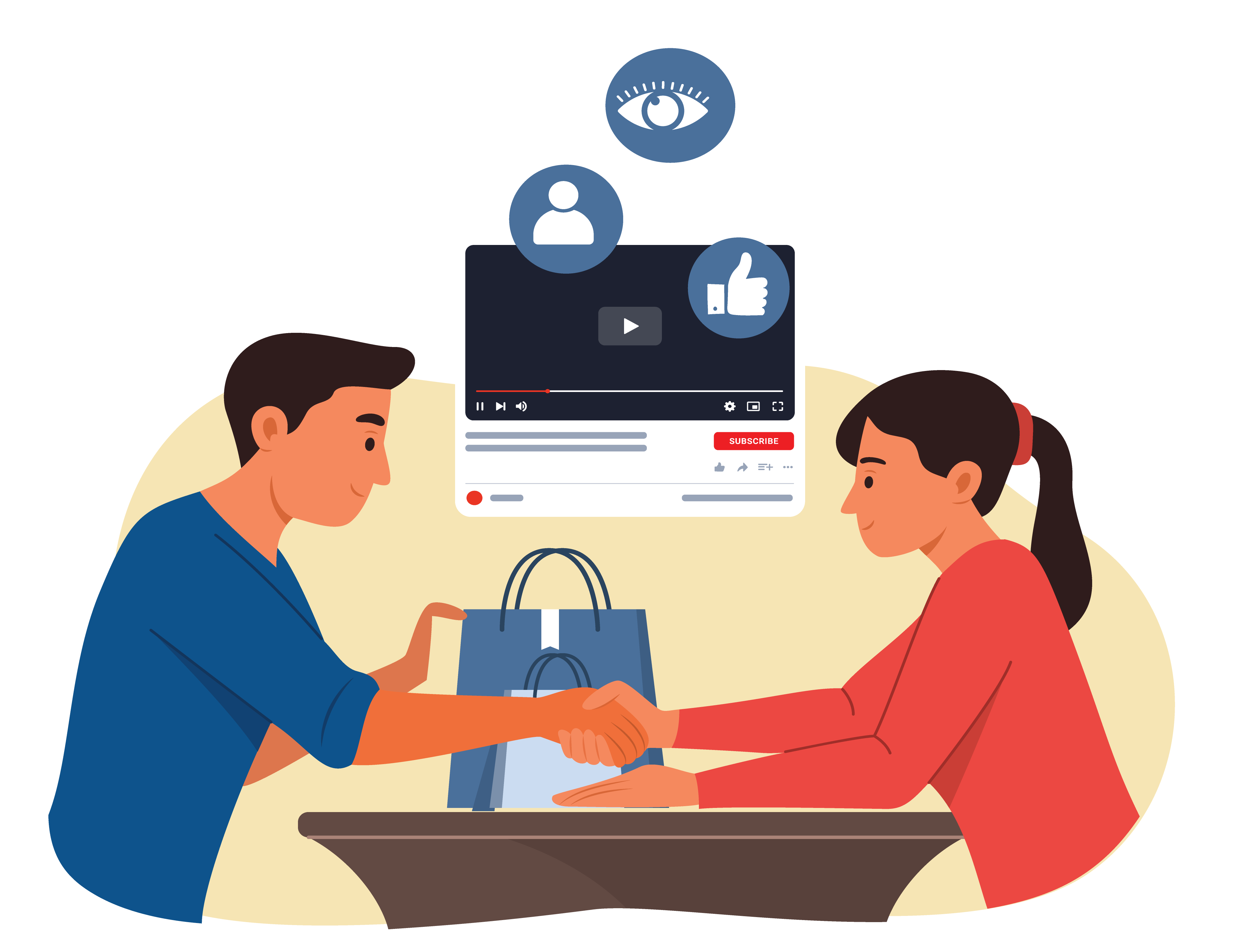 An illustration of a reseller and client shaking hands across a table, symbolizing a successful partnership using a top YouTube SMM panel. Shopping bags sit between them, representing service purchases and reselling. Above them, a YouTube video interface appears with icons for views, subscribers, and likes, showing growth and engagement. The scene highlights how resellers build their business by buying low-cost YouTube services from an SMM panel and selling them to clients for profit, showcasing trust, reliability, and organic-looking growth.