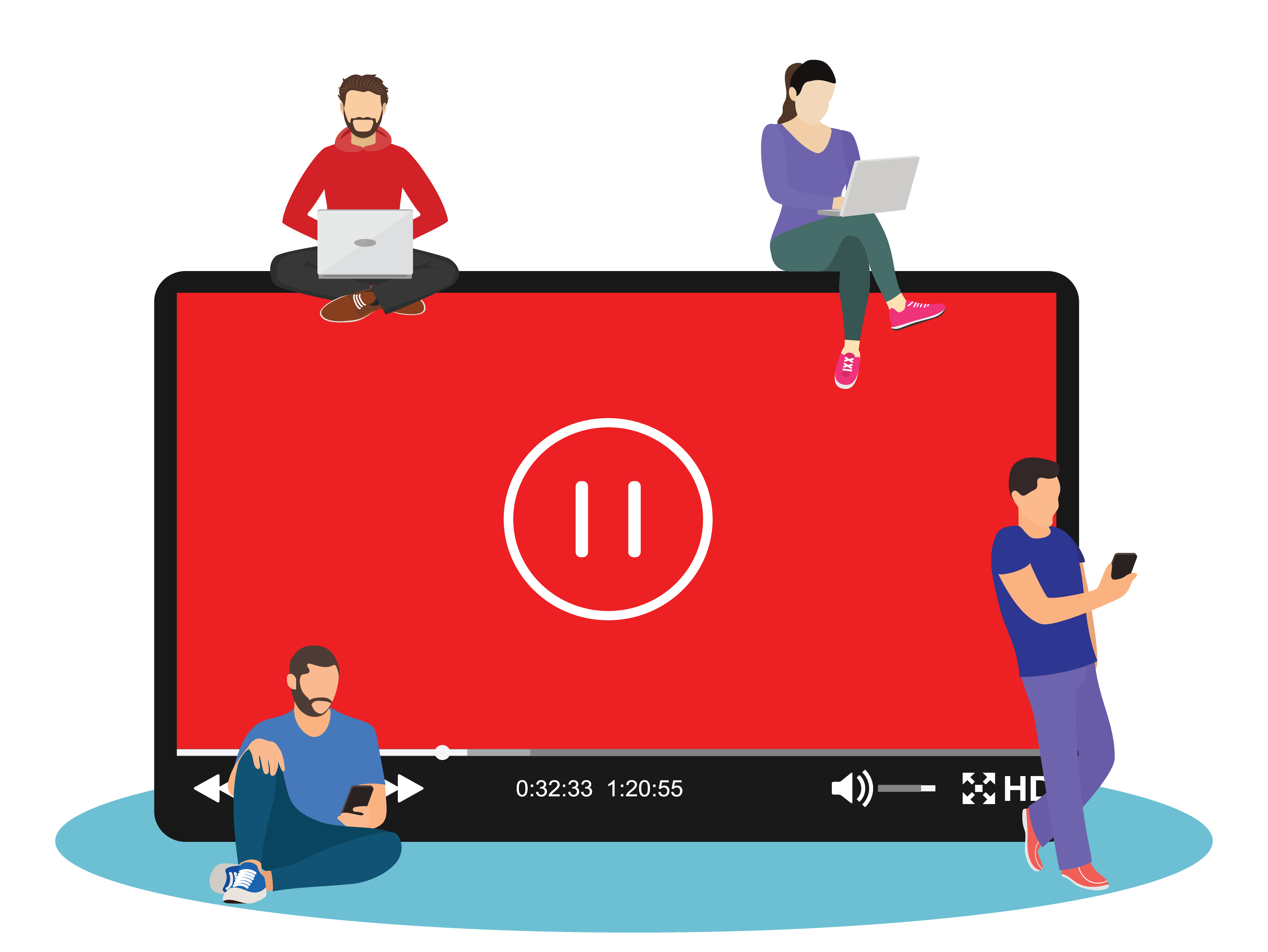 Illustration of four people using laptops and mobile phones around a large YouTube video screen with a pause icon. The image represents viewers actively watching content, symbolizing increased YouTube views through an  affordable Top SMM panel.