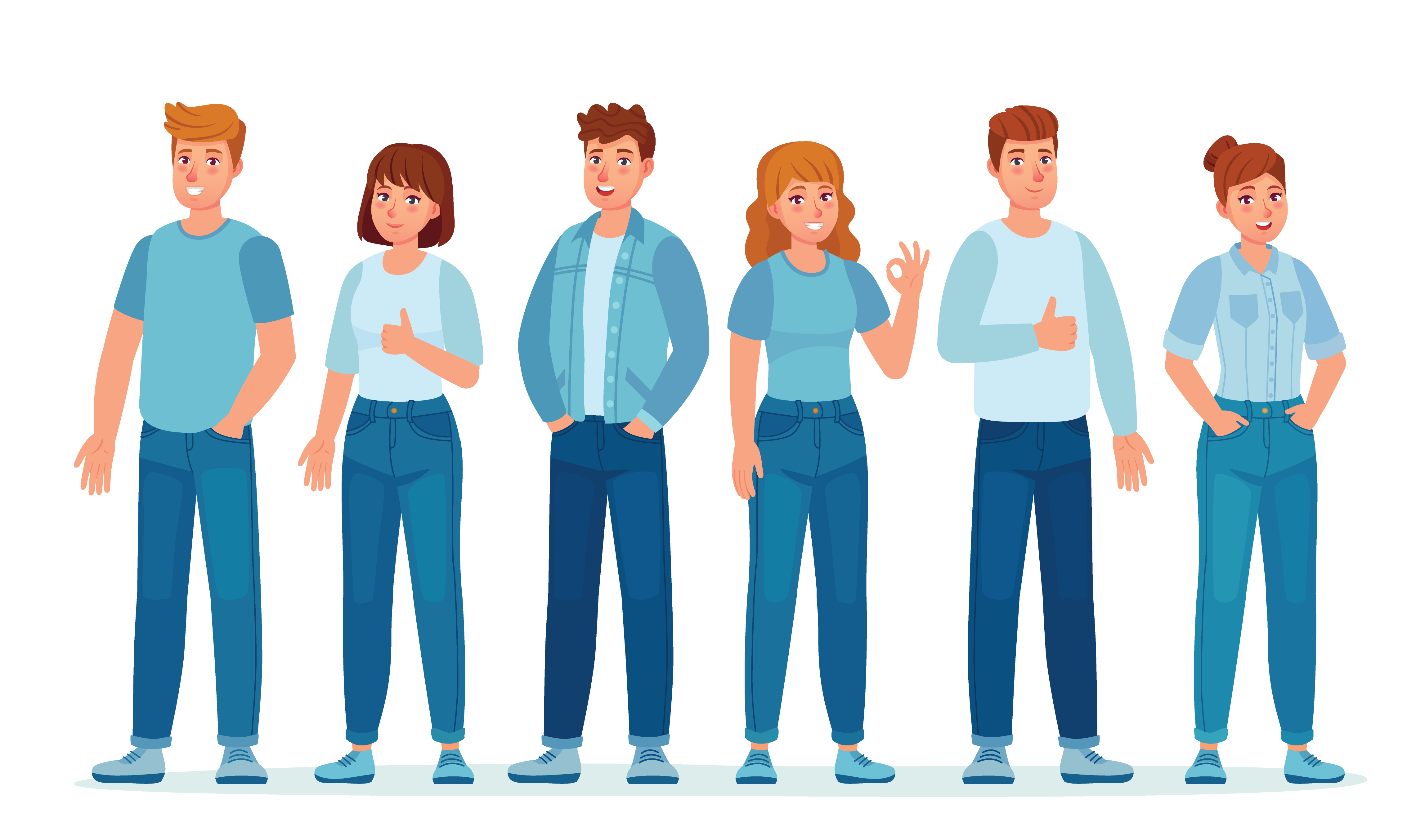 Illustration of six cartoon characters standing in a row, smiling and giving positive signs like thumbs-up and OK, representing a rise in YouTube subscribers.
