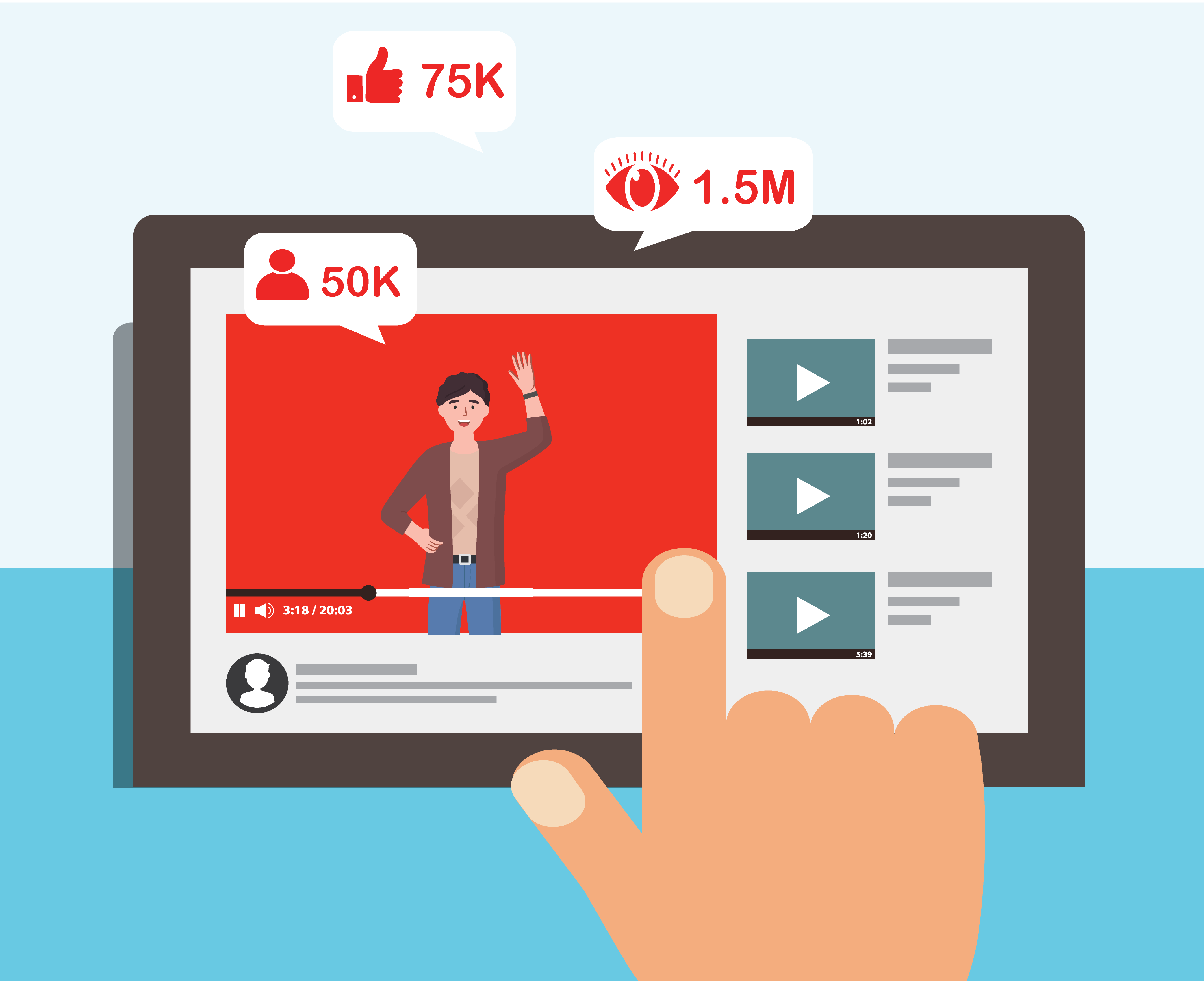 Illustration of a person watching a YouTube video on a tablet screen with engagement icons showing 1.5M views, 75K likes, and 50K subscribers. This graphic represents YouTube growth by Top smm panel l that provides real YouTube views, likes, and subscribers.