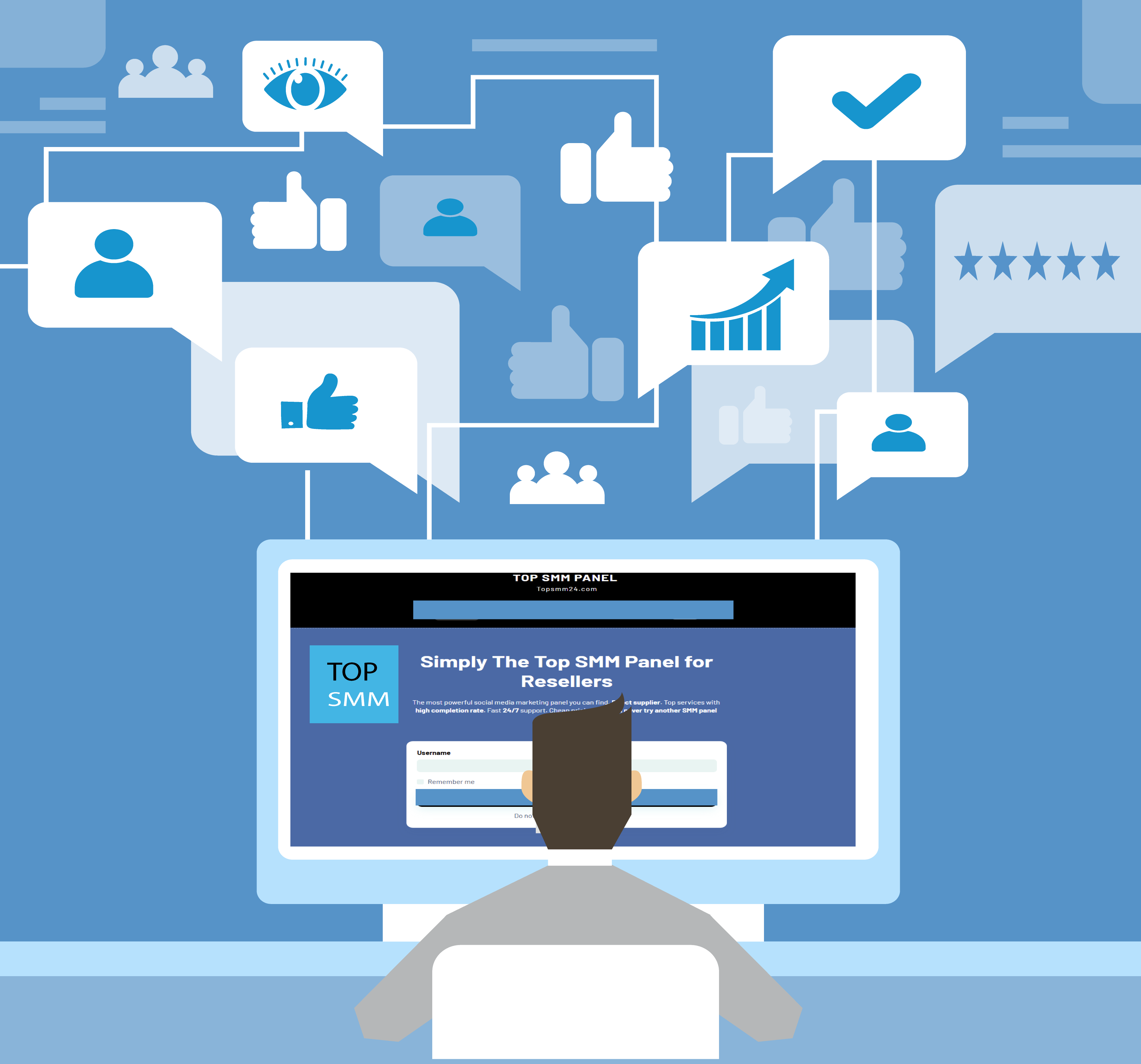 A digital illustration showing a person sitting in front of a computer screen displaying a YouTube SMM panel dashboard. Around the screen, many social media icons appear, including thumbs-up likes, subcirbers, views, growth charts, check marks, and star ratings. The image represents safe, organic-looking growth through an advanced YouTube SMM panel designed for resellers.