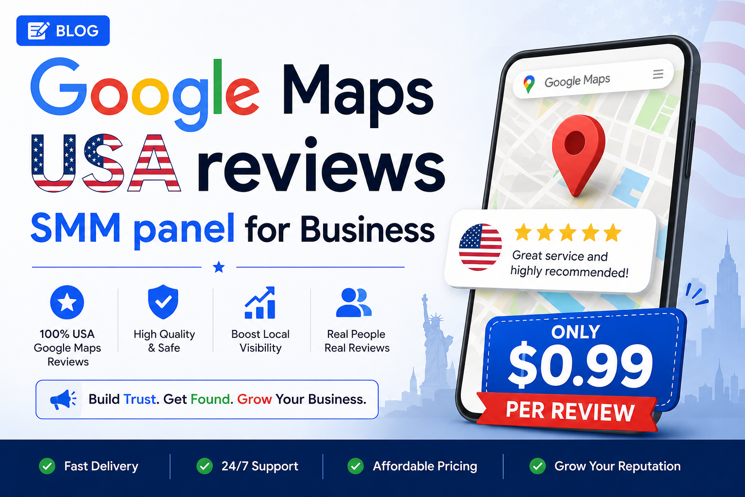 Google Maps USA reviews SMM panel for Business - $0.99 per review