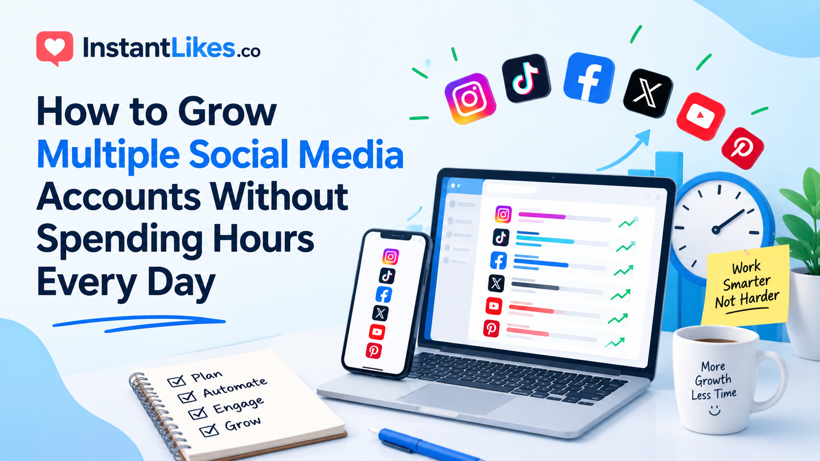 Managing multiple social media accounts with content scheduling, automation tools, and SMM services to save time and grow online.