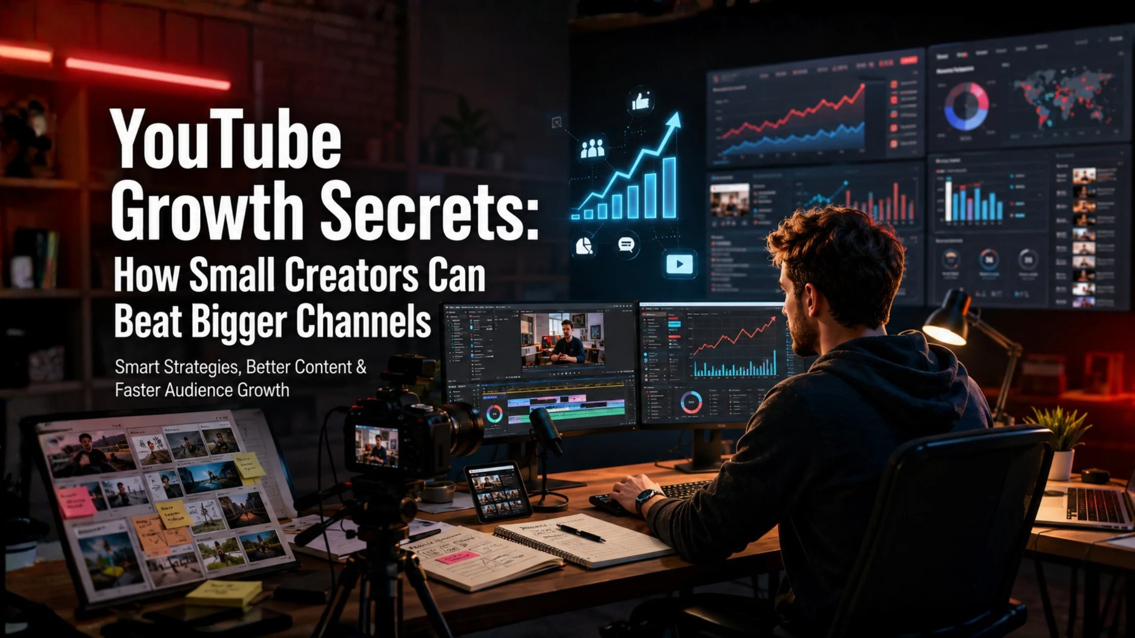 YouTube Growth Secrets showing a small creator growing subscribers, views, watch time, and engagement with smart SMM Panel Services by InstantLikes.