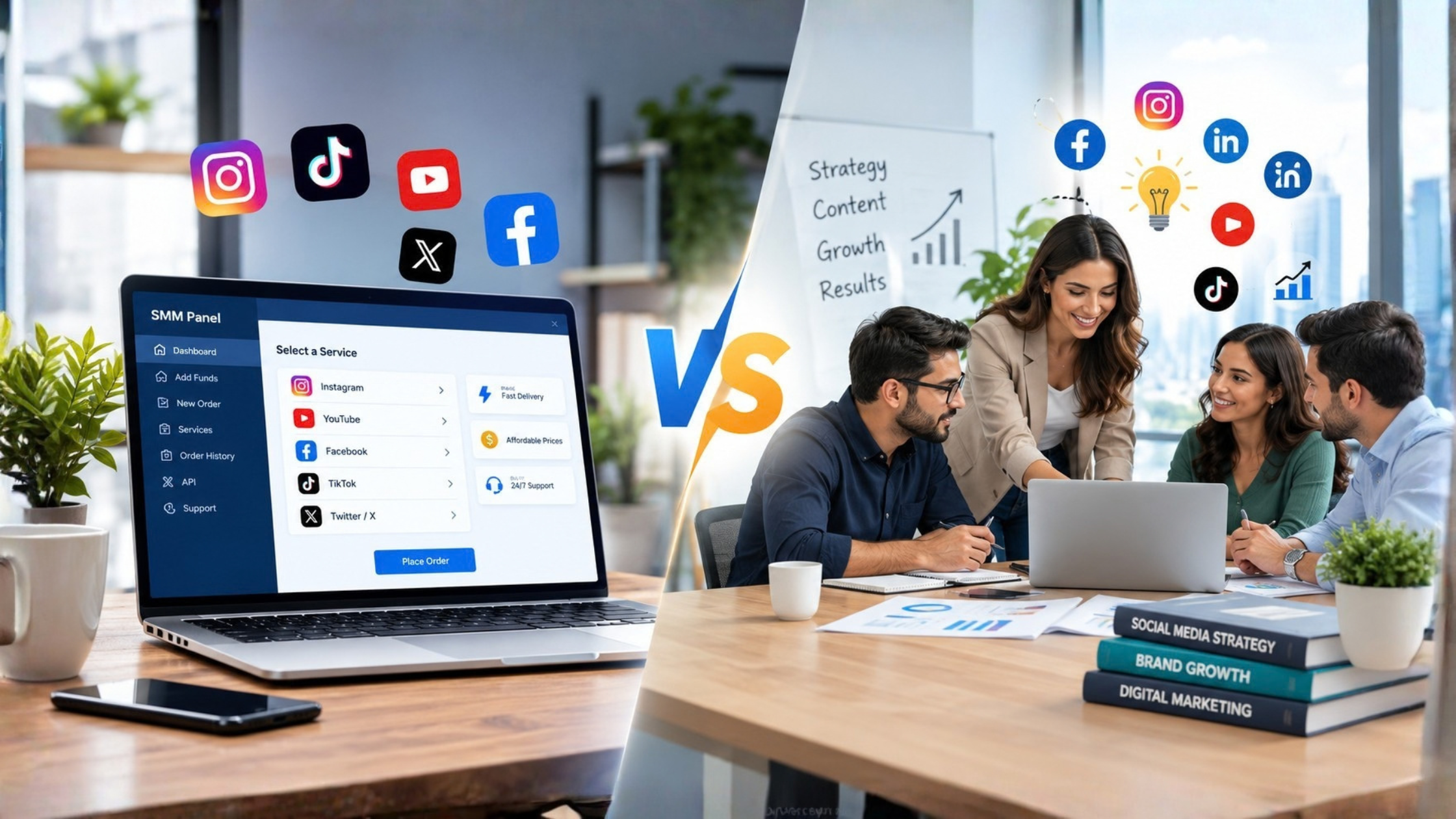 SMM Panel vs Social Media Agency comparison for business social media marketing in 2026