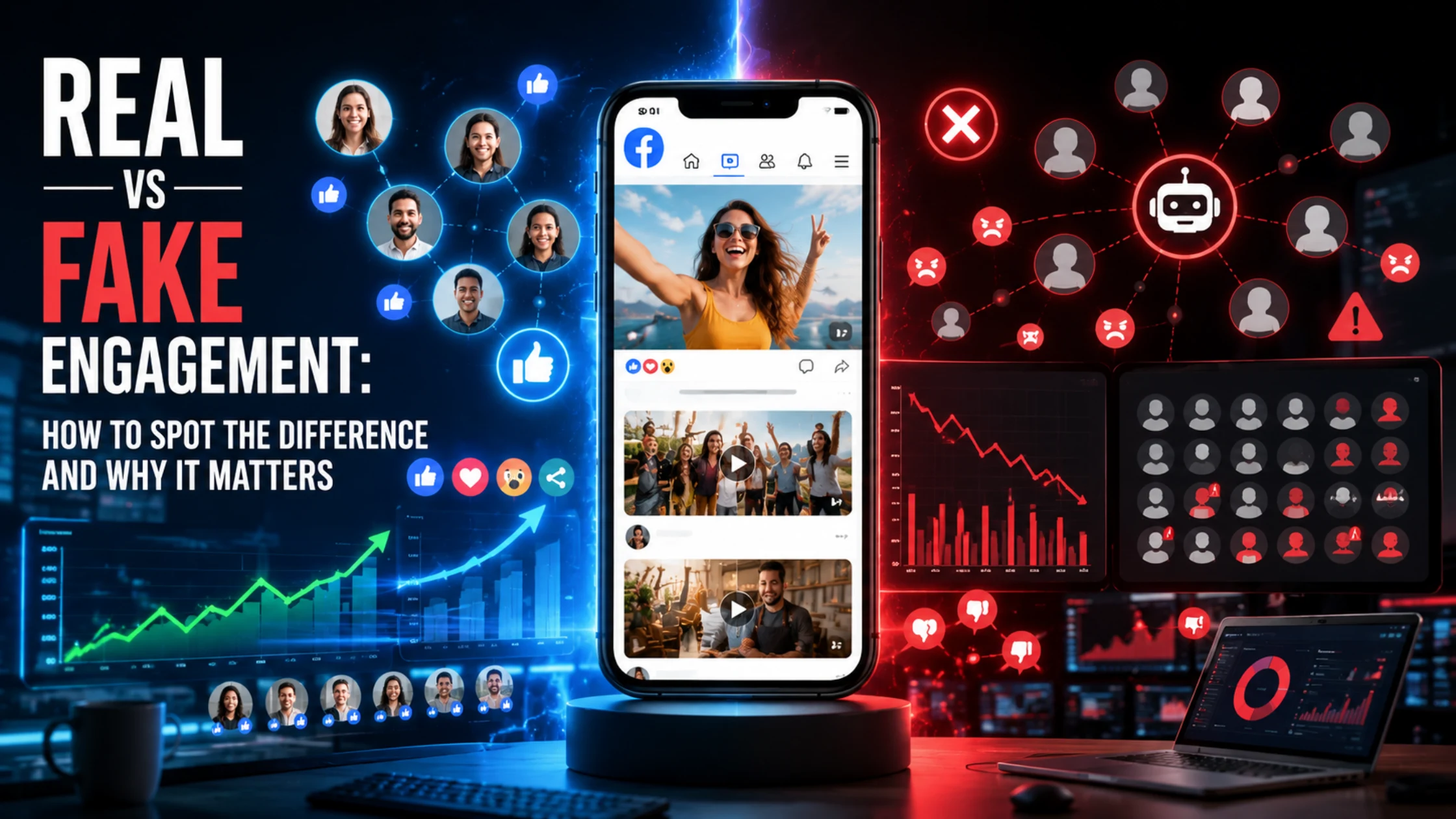 Real vs Fake Engagement comparison showing authentic social media growth, fake Instagram followers, real social media engagement, and SMM panel services by InstantLikes.