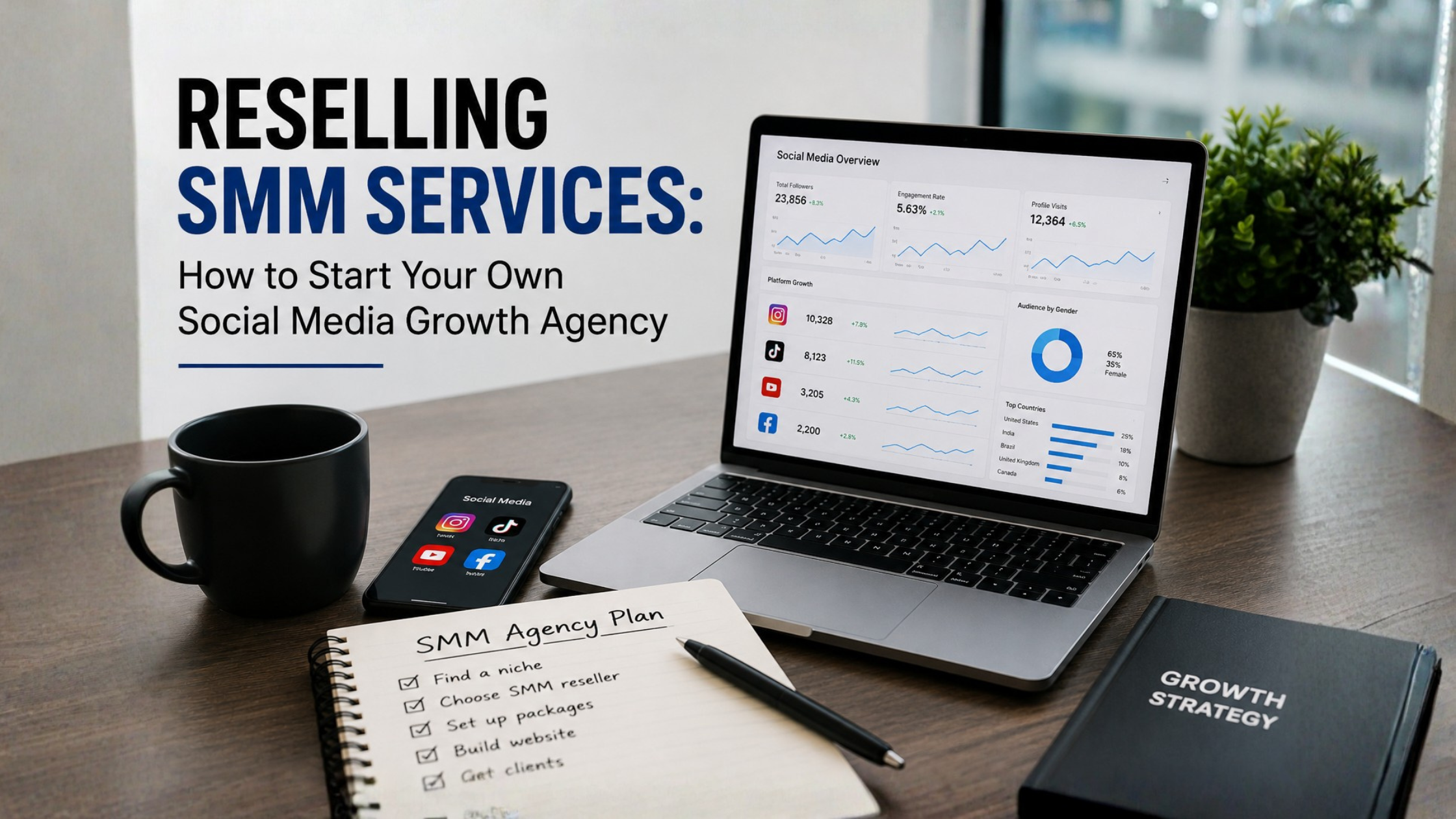 Professional social media growth agency dashboard with SMM Panel reseller services, Instagram analytics, and digital marketing tools