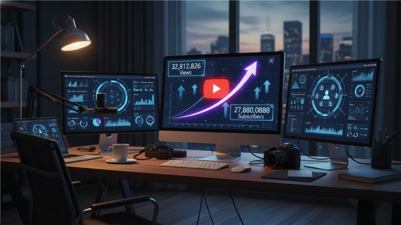 A workspace with multiple monitors showing YouTube analytics, rising view and subscriber graphs, and a growth arrow symbolizing rapid YouTube channel growth.