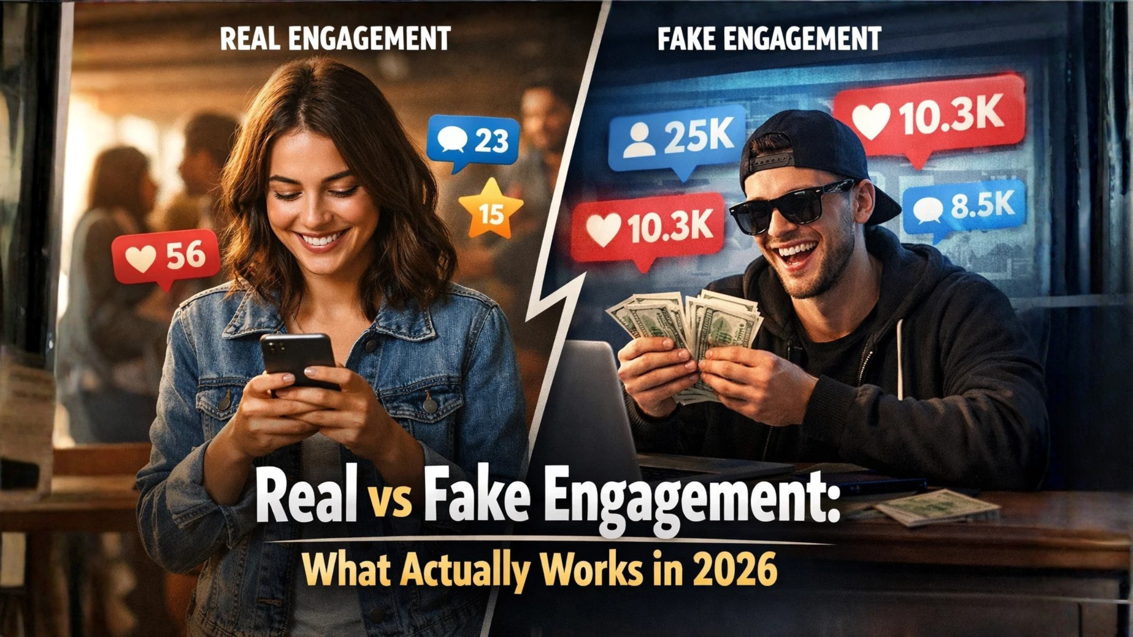 Real vs fake engagement comparison showing social media growth using SMM panel services in 2026