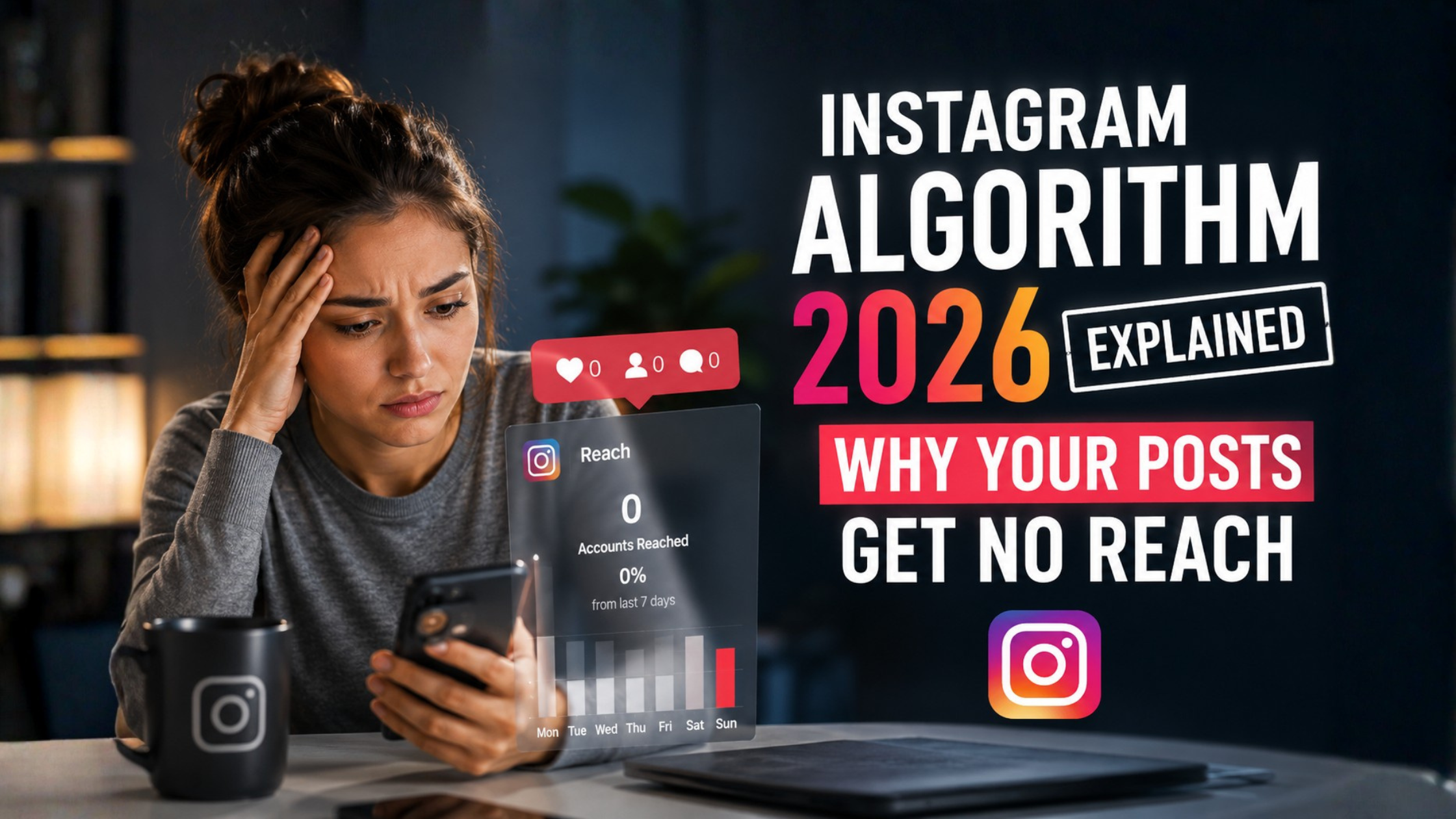 Instagram Algorithm 2026 explained with low reach analytics, Reels growth strategy, and SMM panel marketing concept