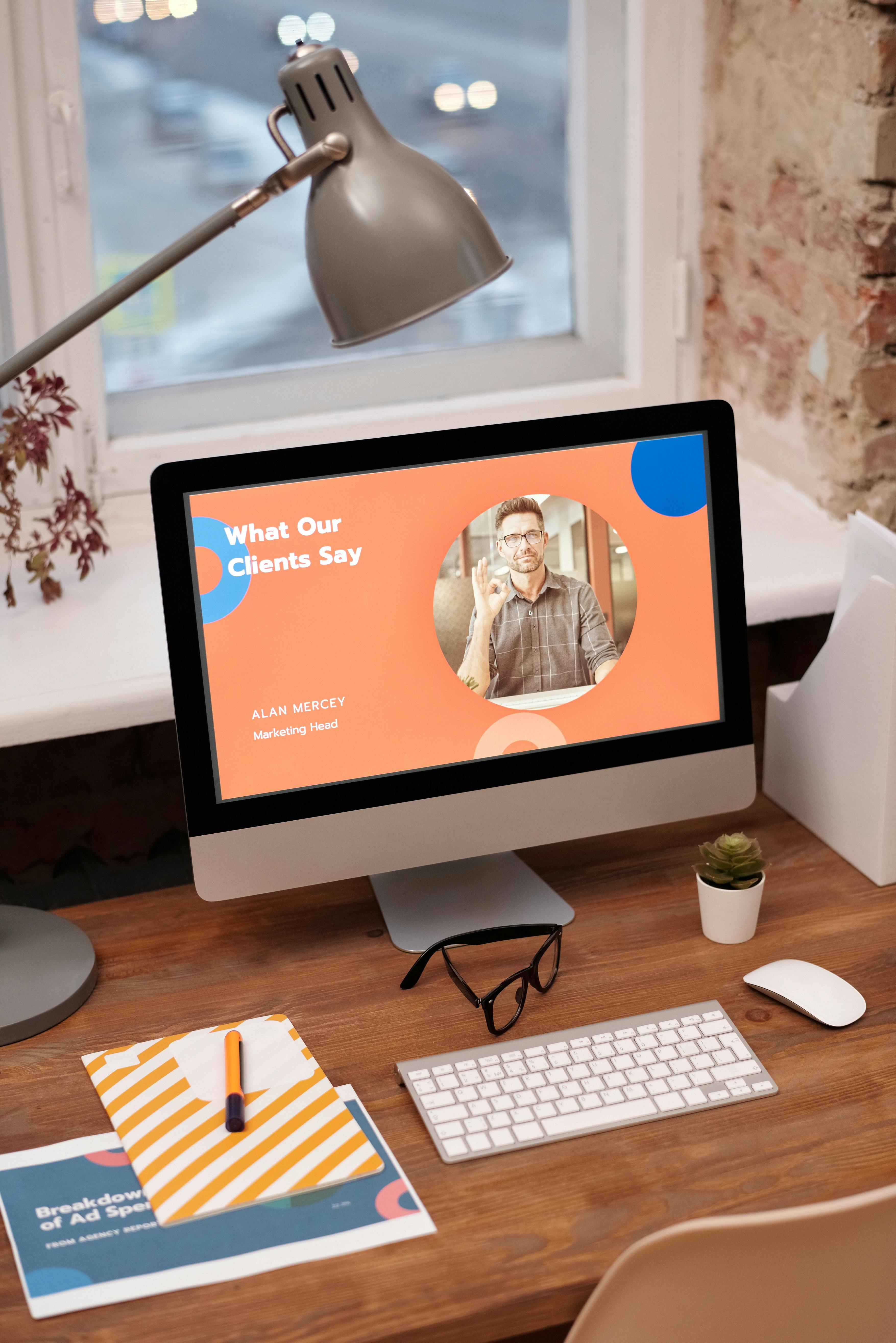 AI-generated friendly man next to marketing icons