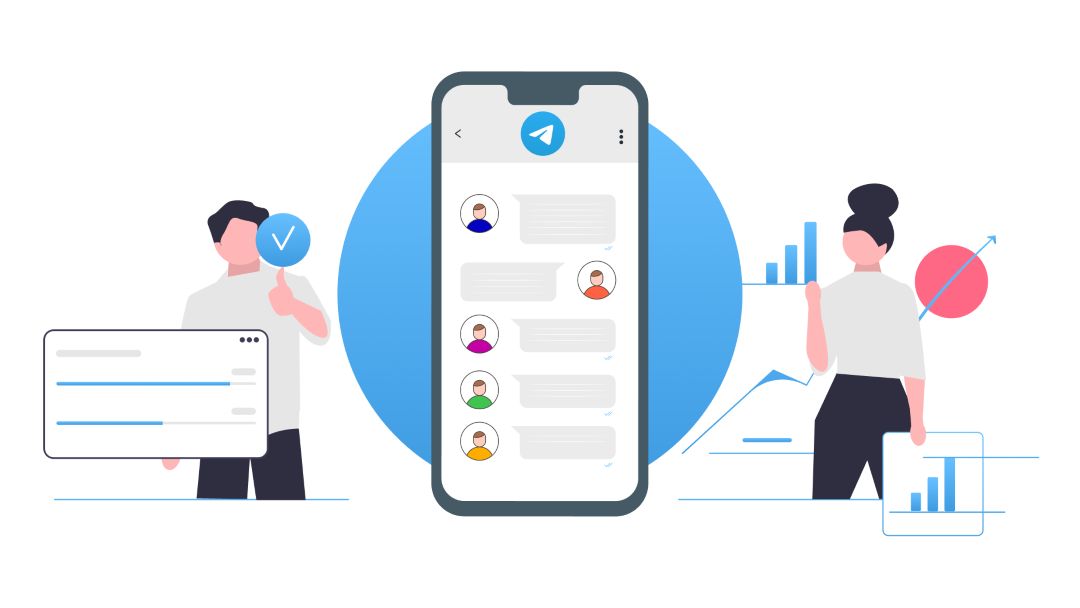 Illustration of Telegram channel growth with analytics and member management