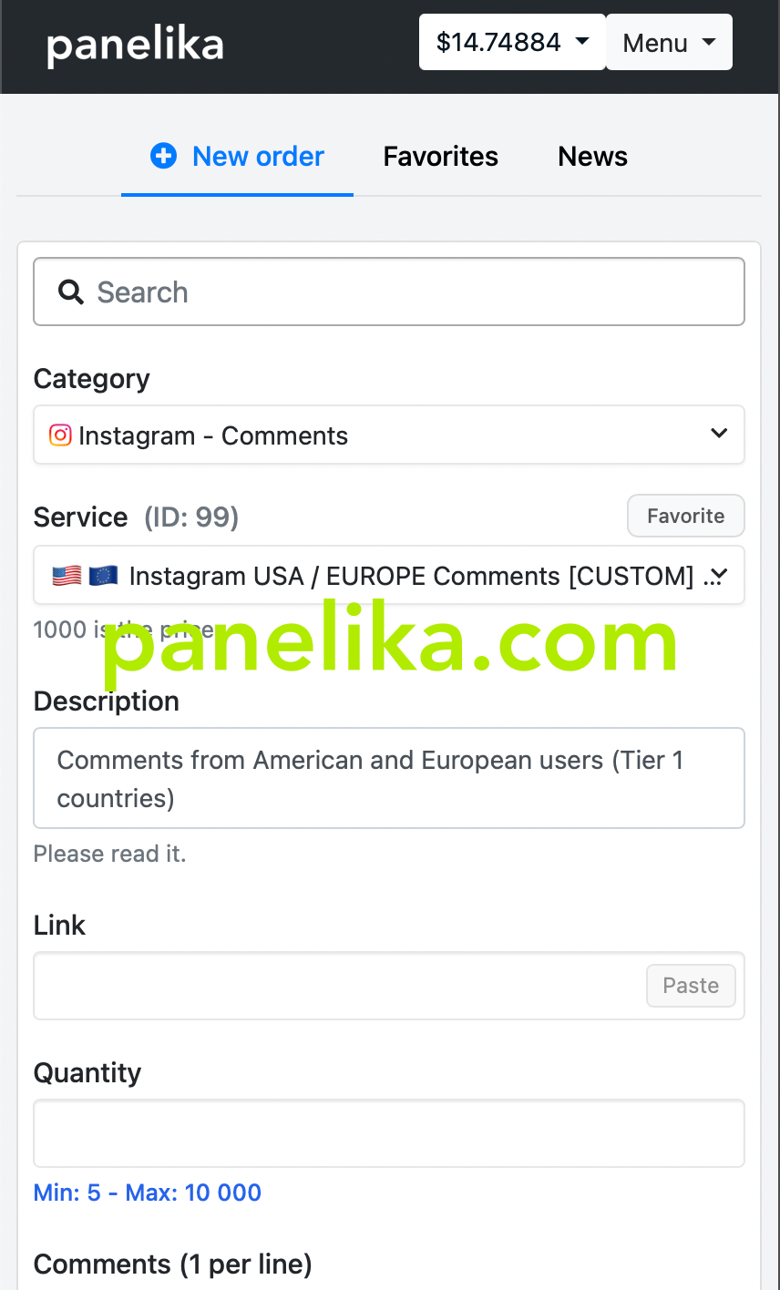 Panelika panel order page for Instagram comment services