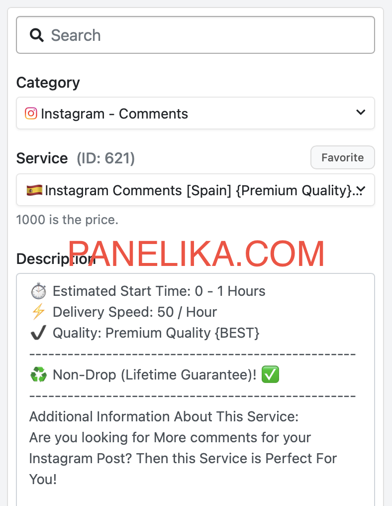 Tableau de bord Panelika pour commander des commentaires Instagram