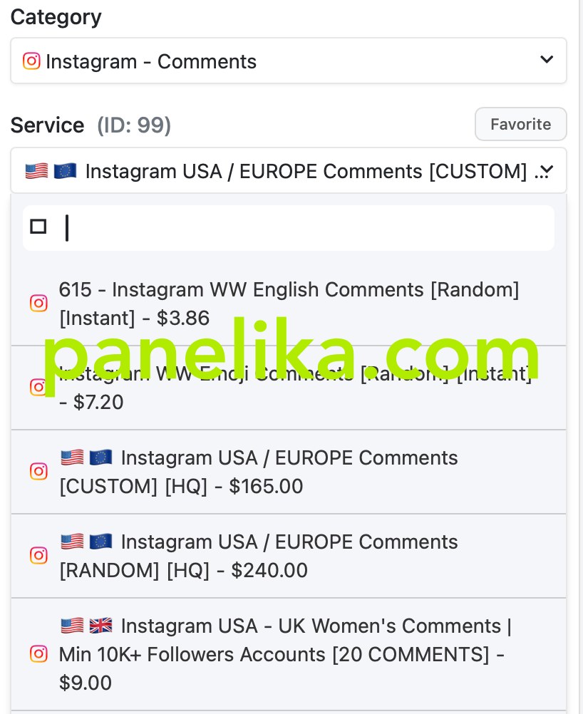 Panelika services list showing Instagram comment service options