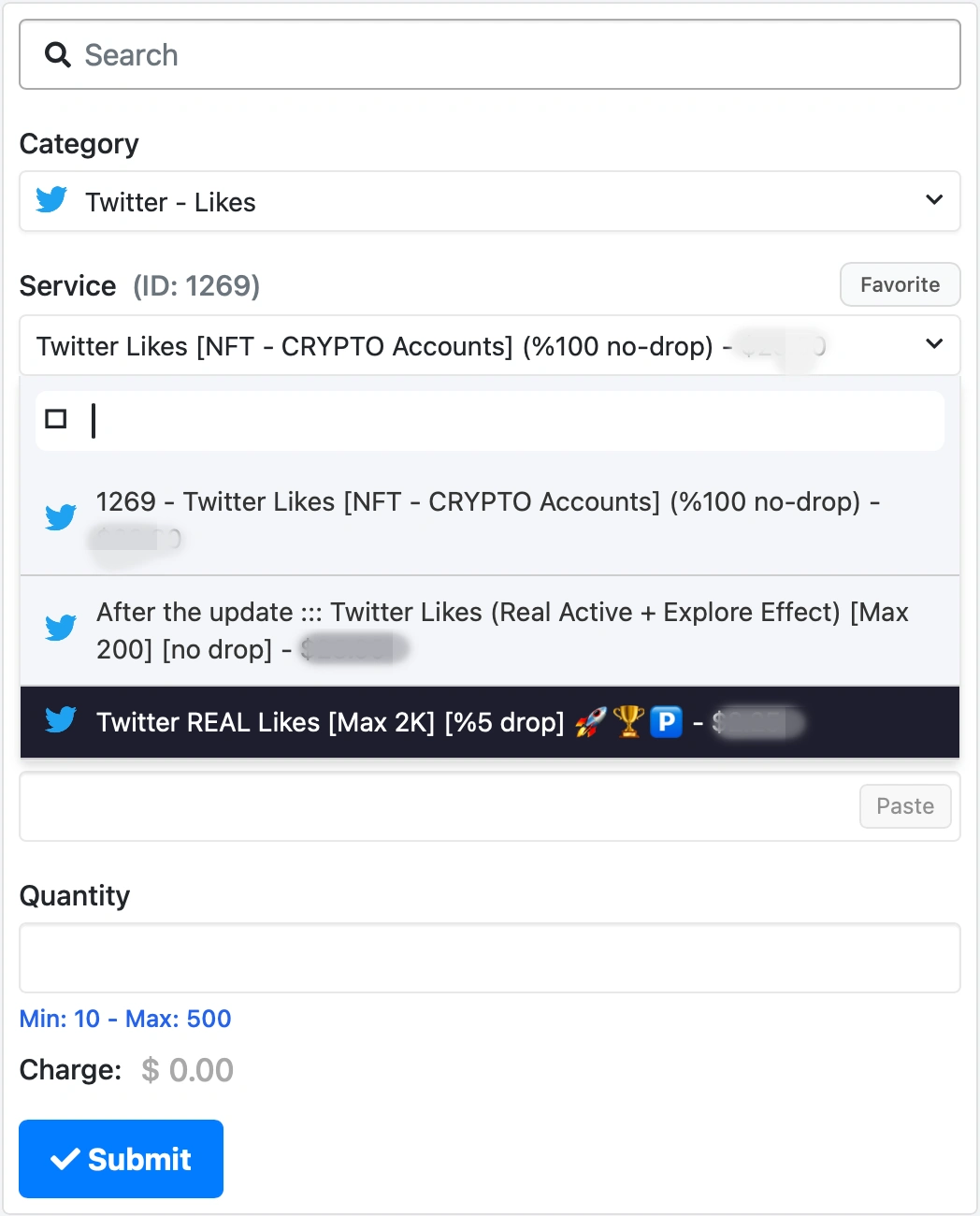 Panelika order screen showing available Twitter likes services