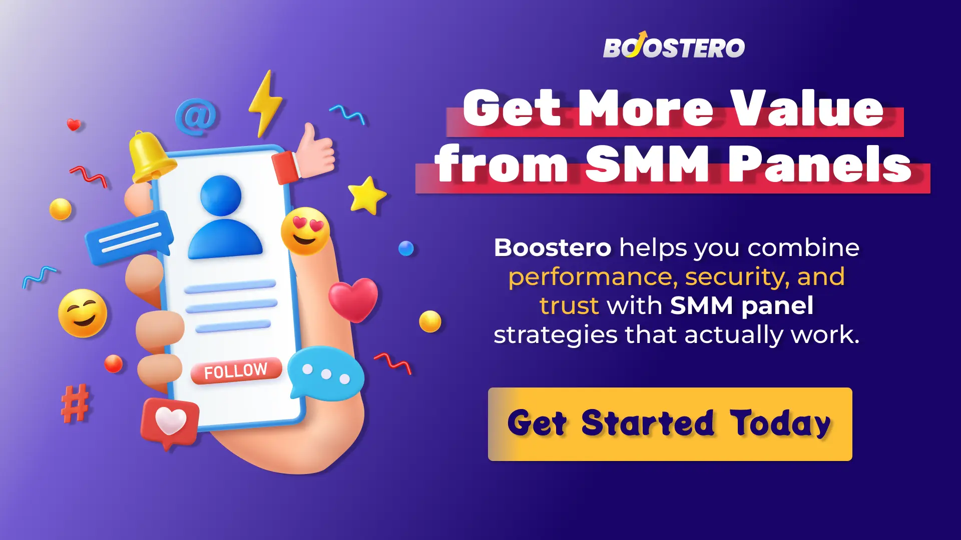 Boostero SMM panel illustration showing social media growth, engagement icons, and call to action to get started