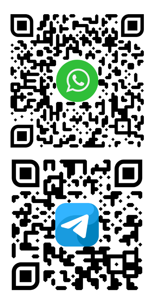 Two QR codes; one leading to a WhatsApp contact and the other to a Telegram contact.