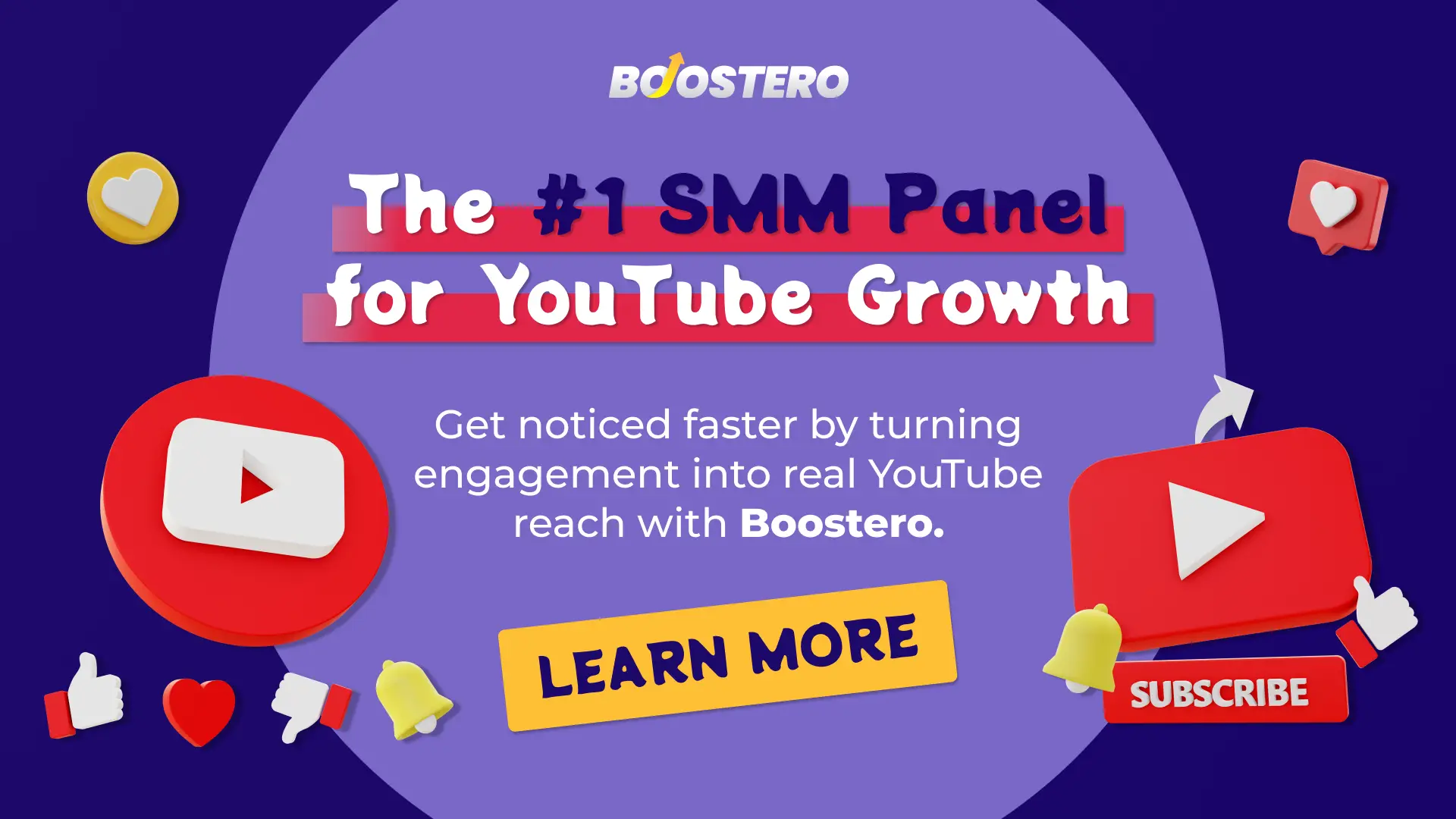 Boostero YouTube SMM panel banner promoting fast YouTube growth, engagement, and subscriber increase