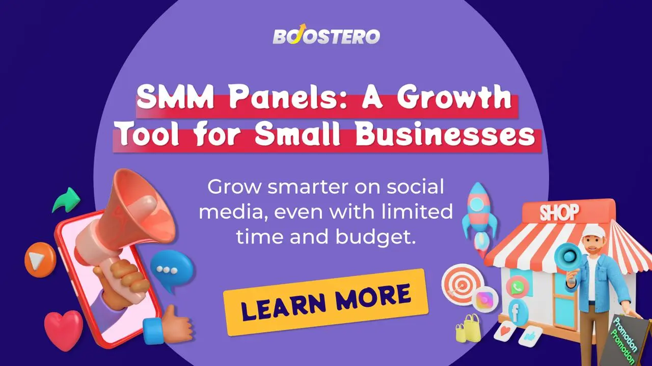 Illustration showing SMM panels as a growth tool for small businesses, with social media icons, marketing elements, and a shop owner promoting services.