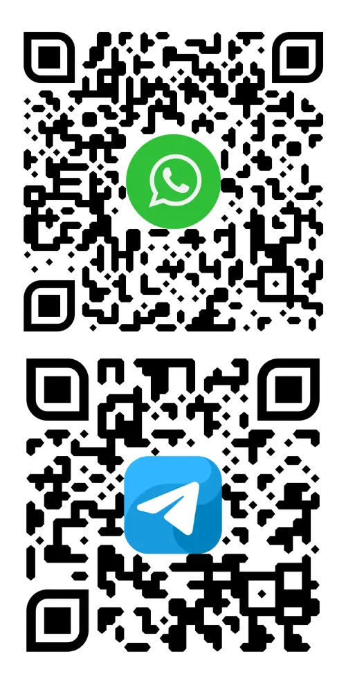 QR Codes for Messaging Apps Two QR codes; one leading to a WhatsApp contact and the other to a Telegram contact.