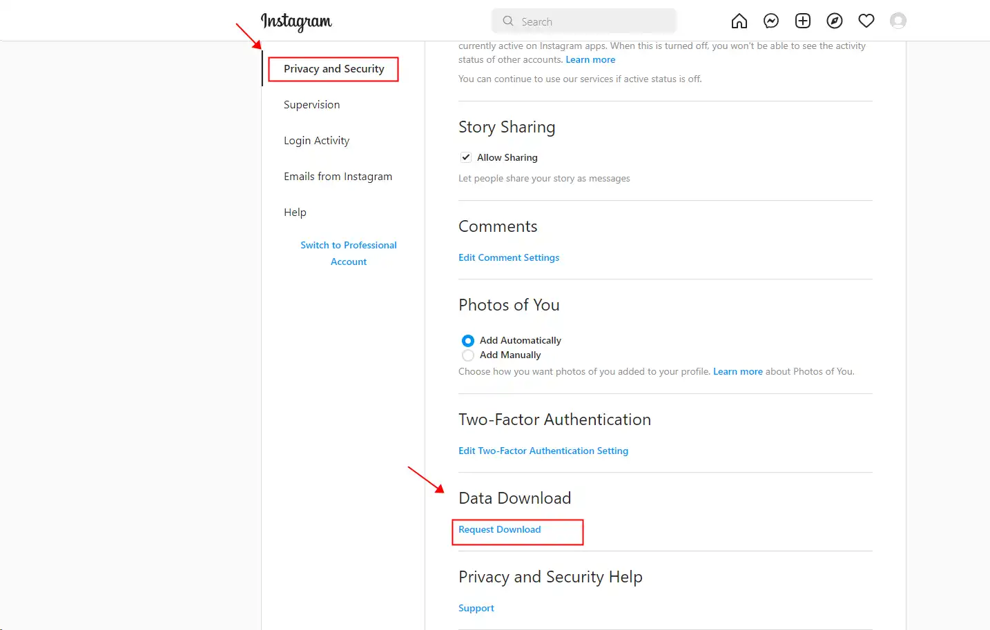 Instagram data download screen for recovery