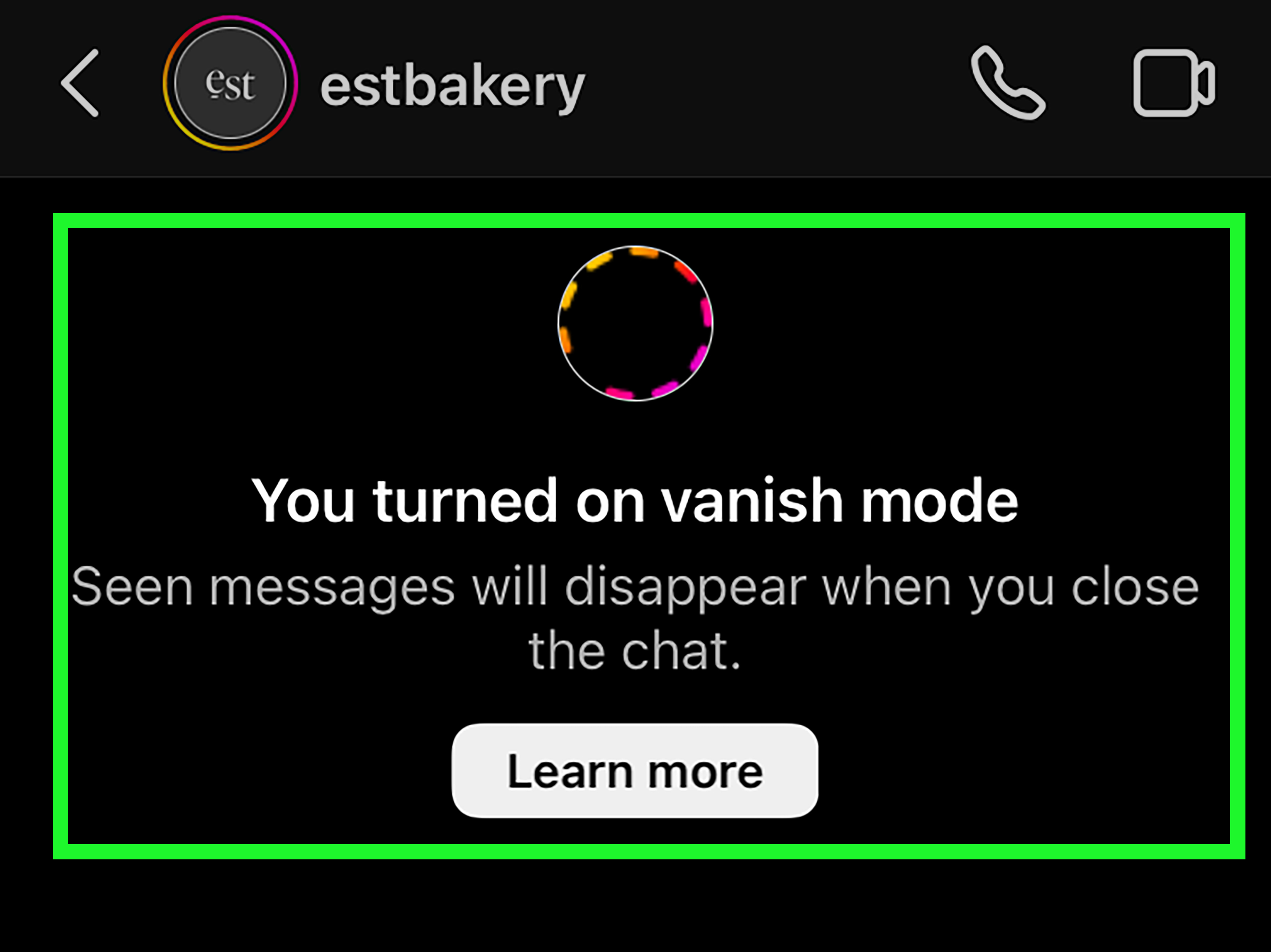 iPhone illustration: turning off Vanish Mode in Instagram chat on iOS