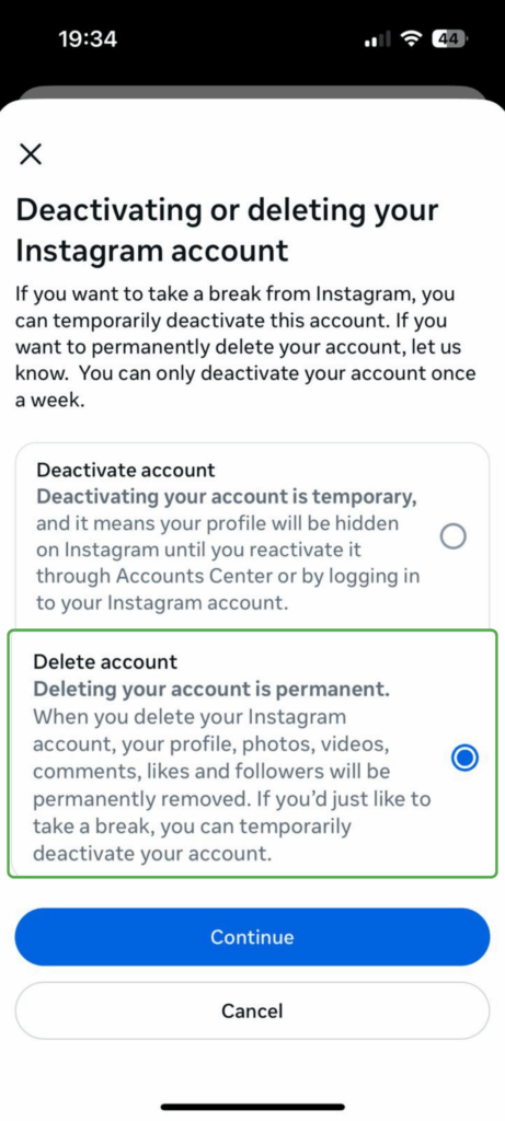 Deactivation or deletion options in Instagram Accounts Center