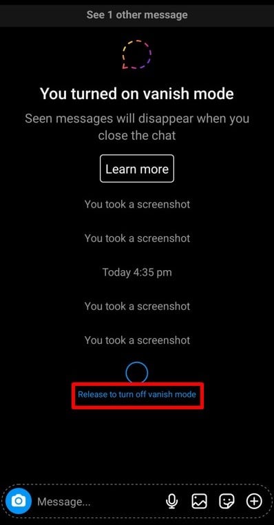 Gesture guide showing swipe-up action to turn off Instagram Vanish Mode