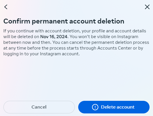 Confirmation screen for permanent Instagram account deletion