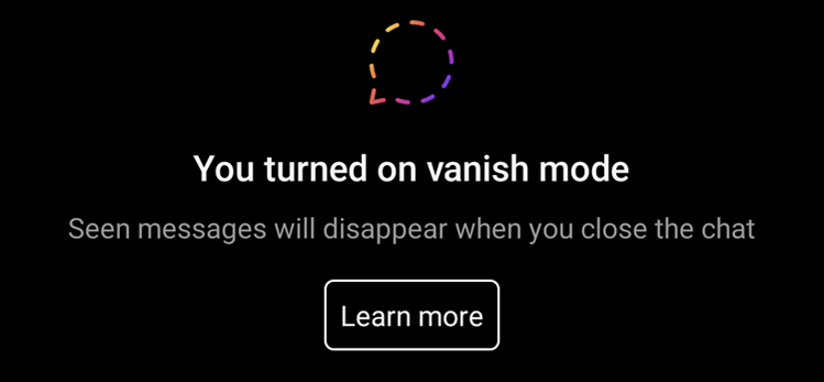 Instagram Vanish Mode interface with dark chat background