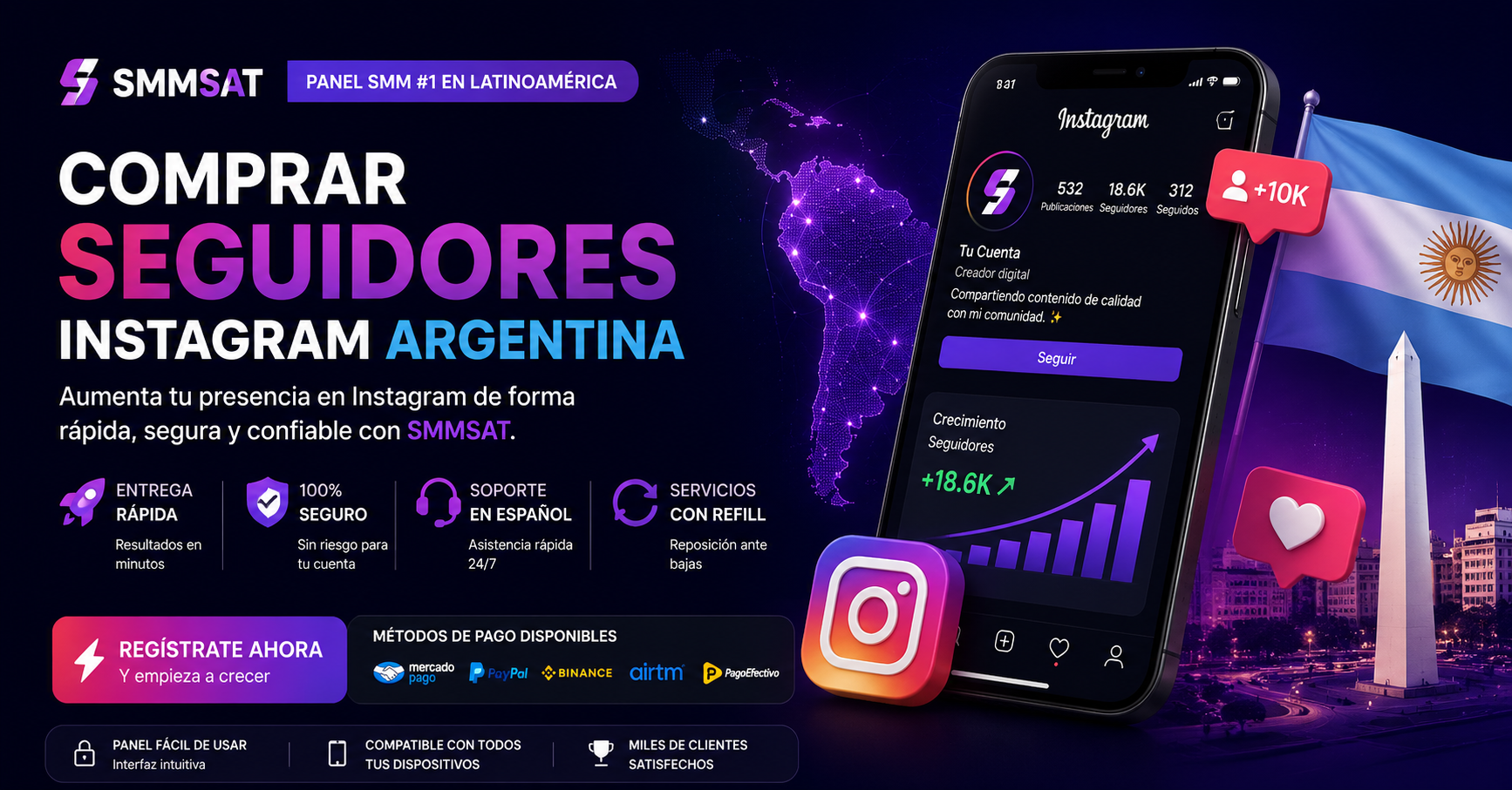 Comprar seguidores Instagram Argentina en SMMSAT panel SMM argentino