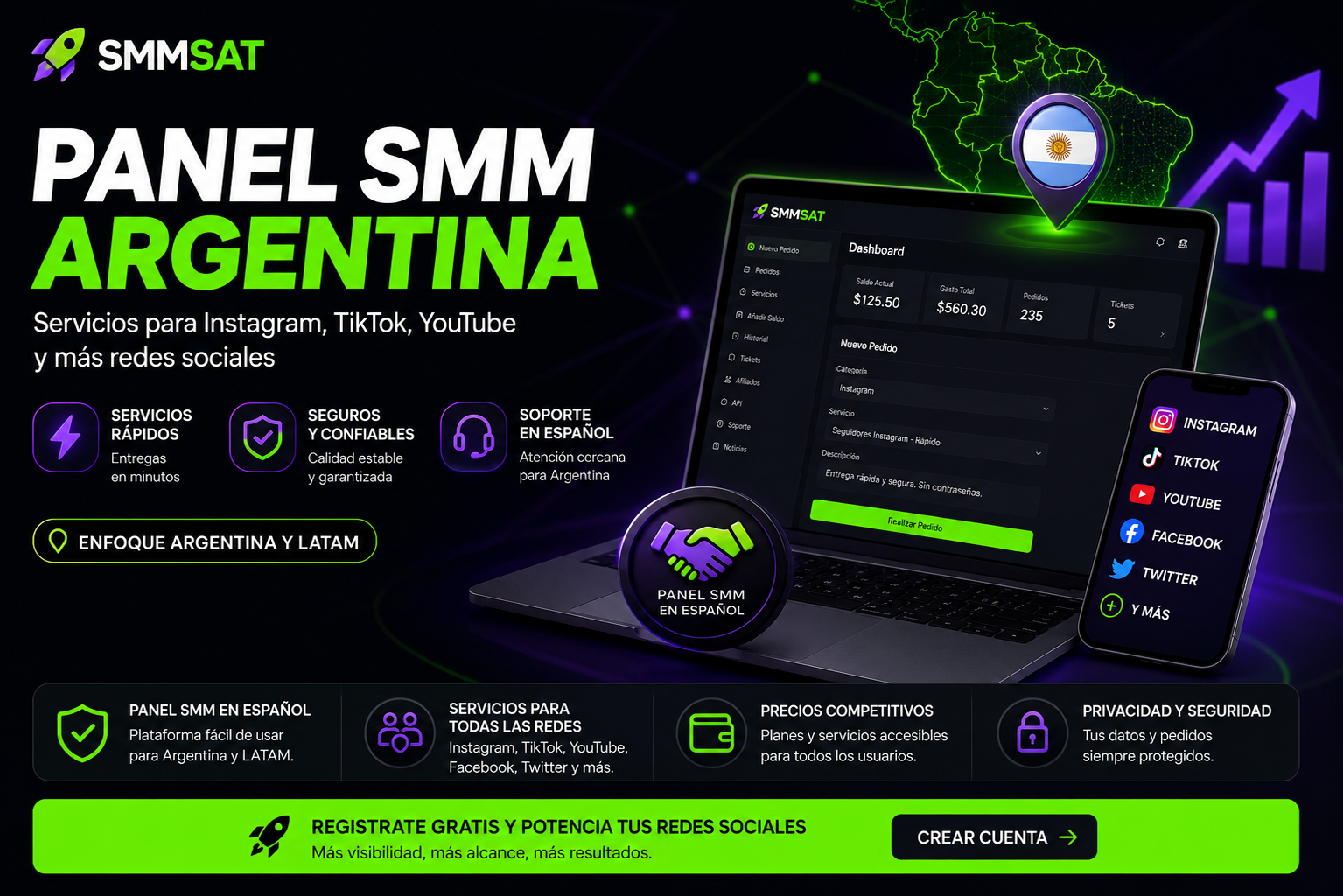 Panel SMM Argentina para comprar servicios de Instagram TikTok YouTube seguidores likes y visualizaciones