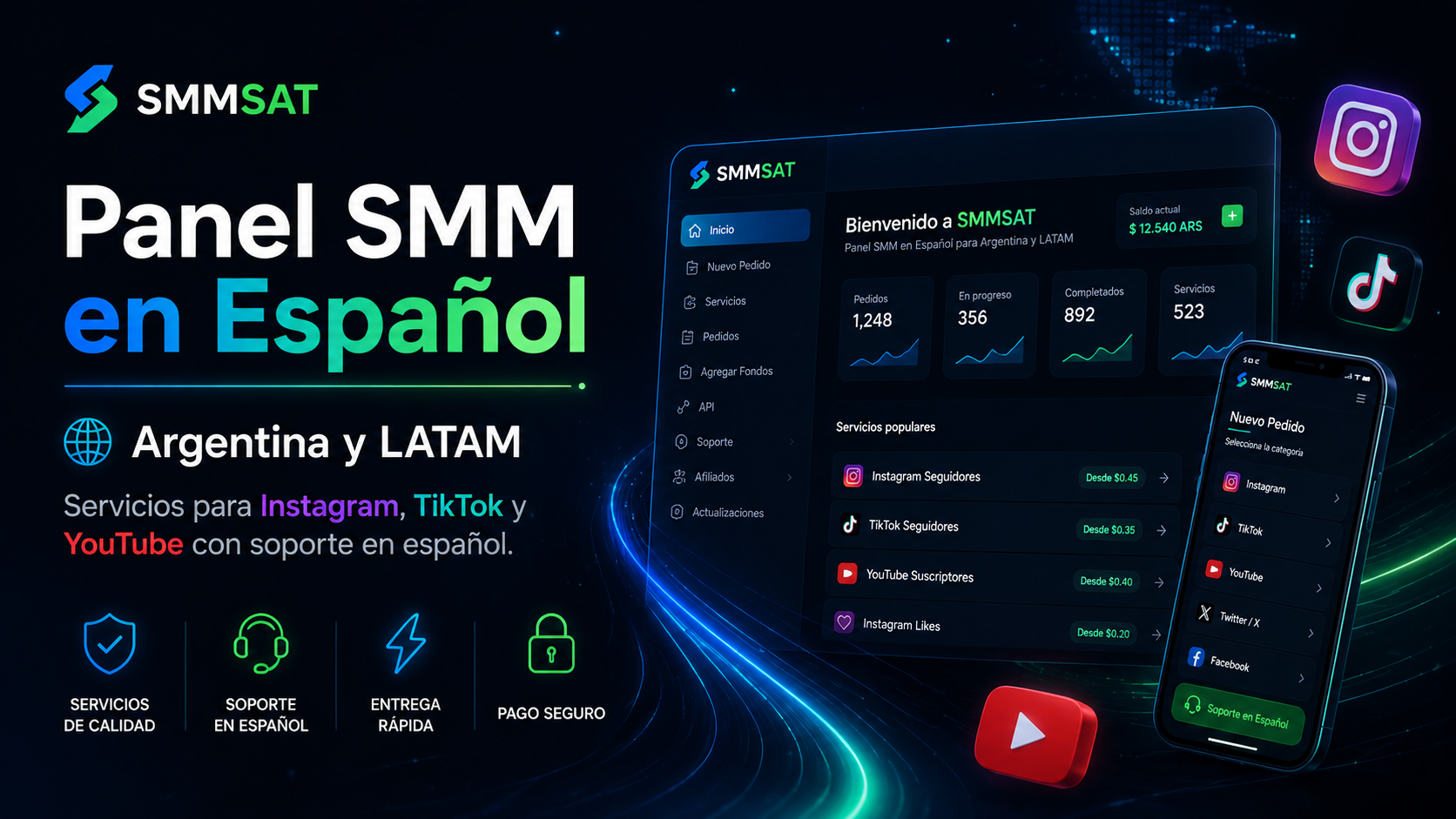 Panel SMM en Español para comprar seguidores likes y visualizaciones en Instagram TikTok YouTube - SMMSAT