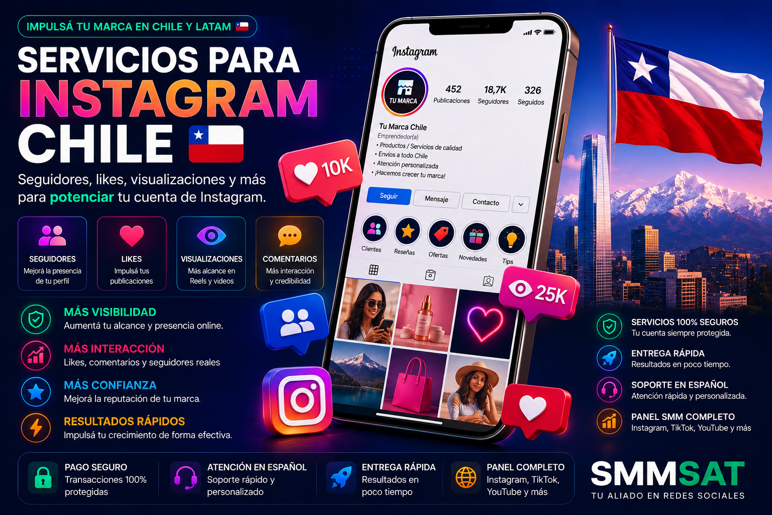 Servicios para Instagram Chile seguidores likes visualizaciones y prueba social