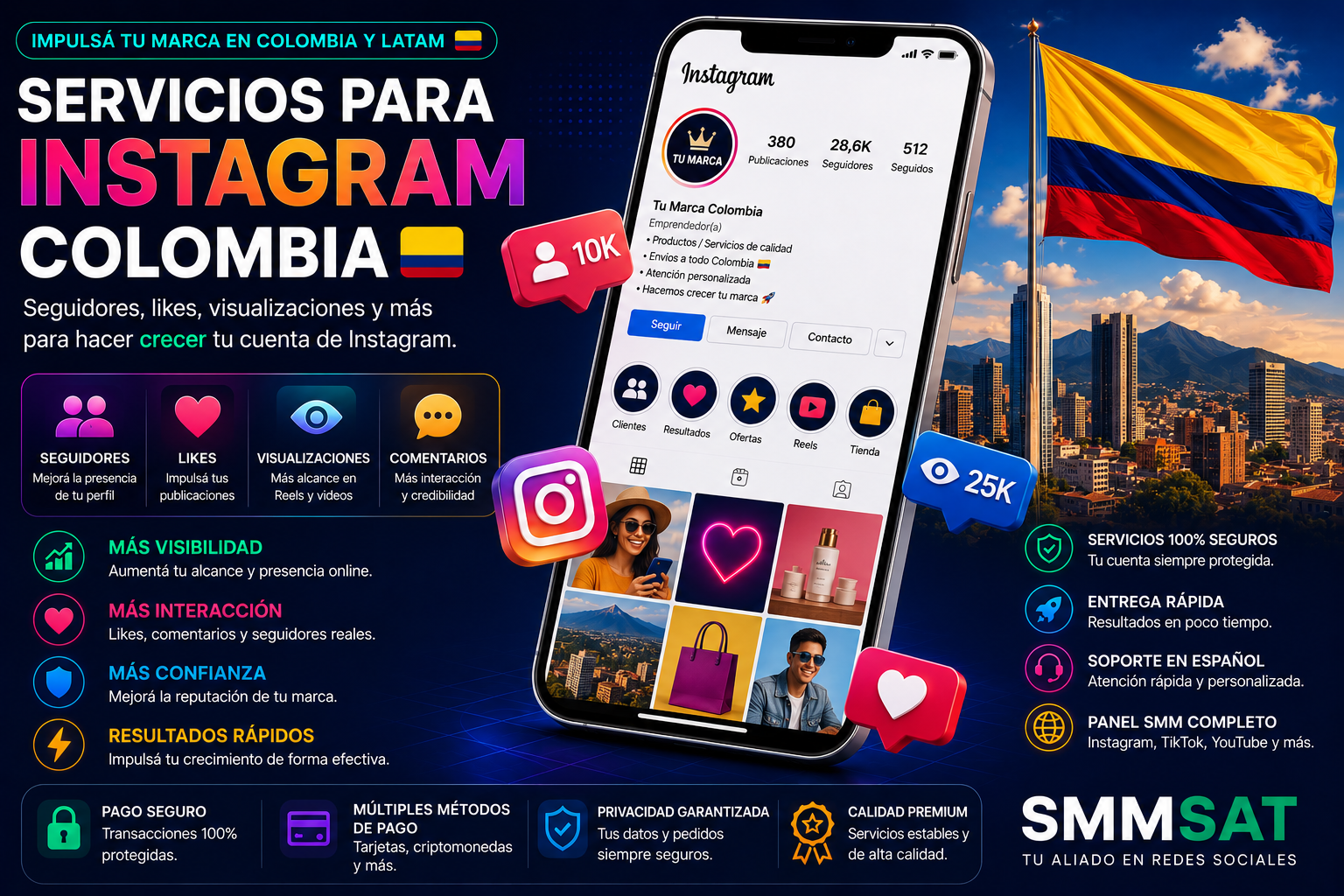 Servicios para Instagram Colombia seguidores likes visualizaciones y prueba social