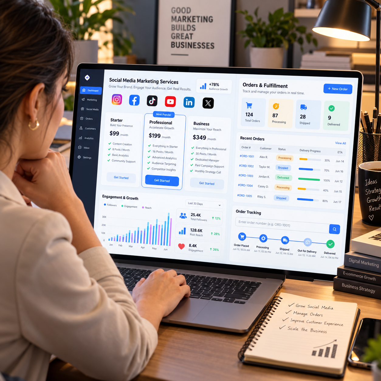 Business owner comparing social media marketing services and order tracking on a laptop