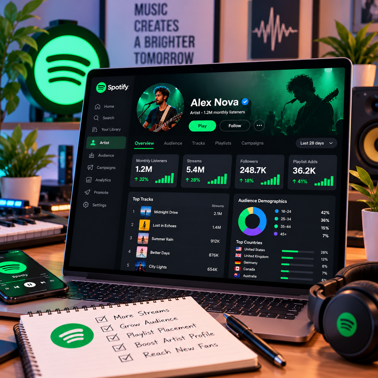 Spotify artist profile promotion displayed on a laptop in a modern music workspace