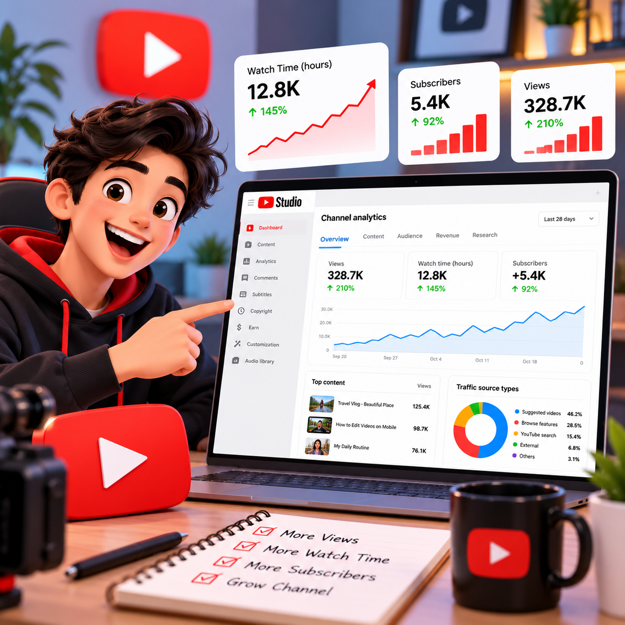 YouTube channel analytics and watch-time performance dashboard