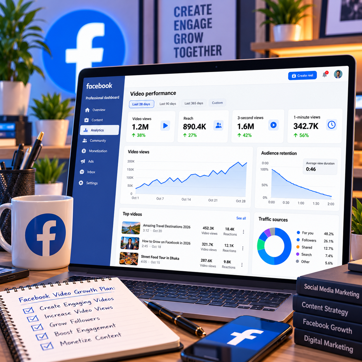 Facebook video analytics displayed on a laptop in a modern digital marketing workspace