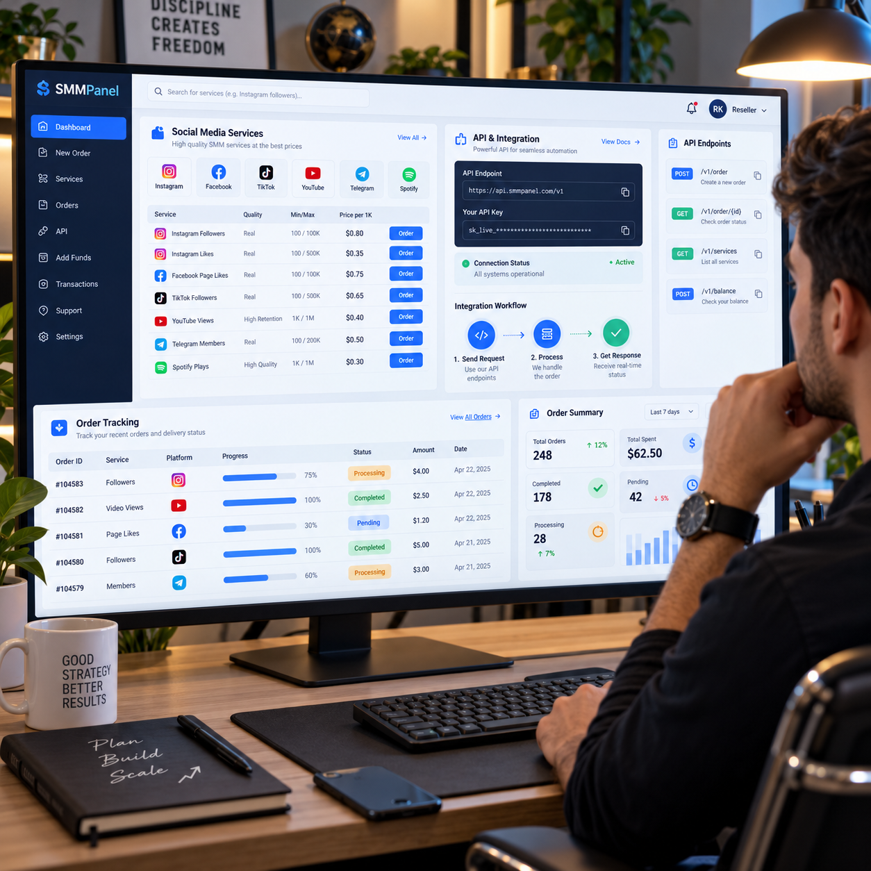 Reseller reviewing social media service pricing, API options, and order tracking on a computer dashboard