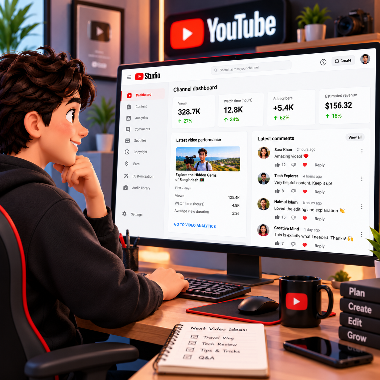 YouTube video comments and creator dashboard on a desktop screen