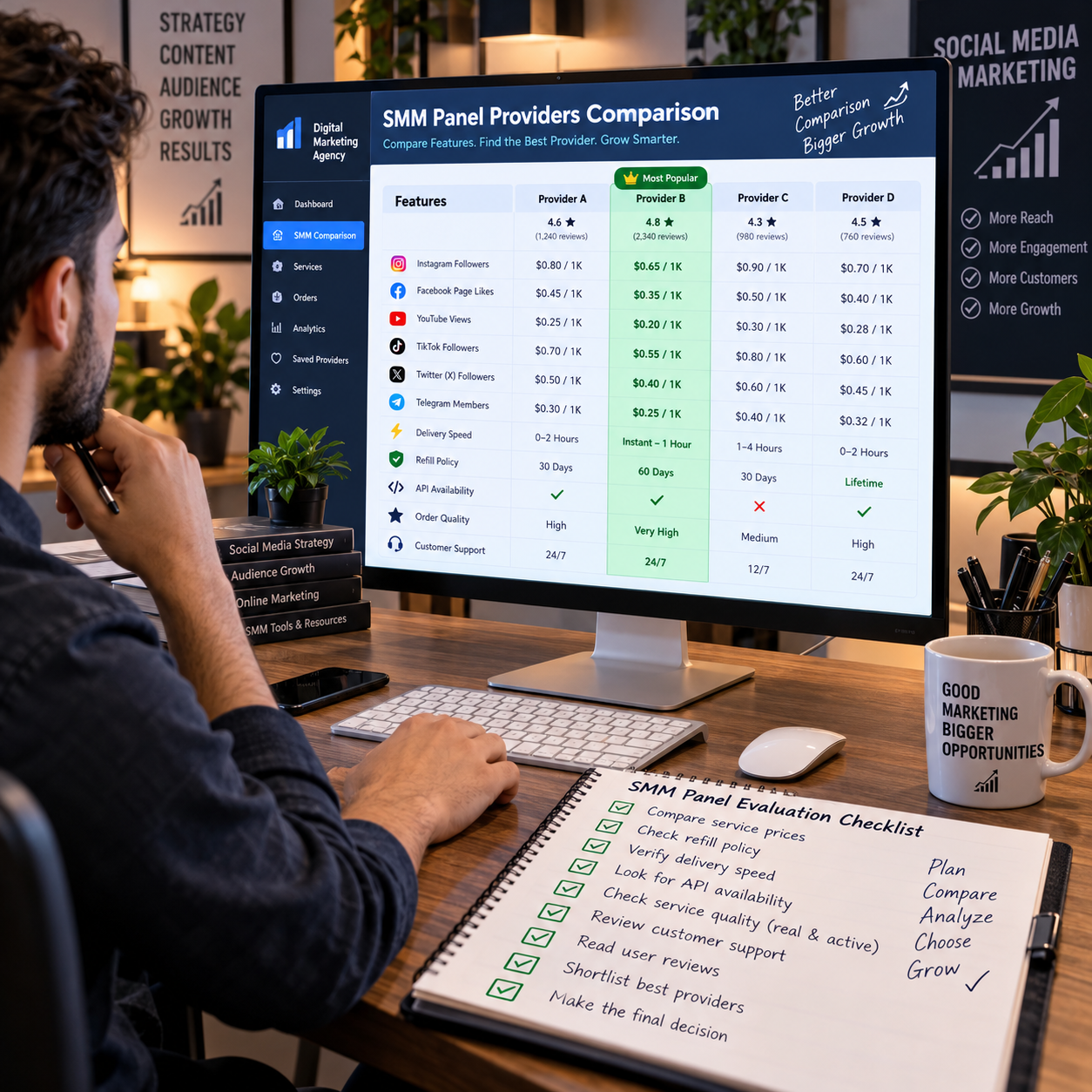 Digital marketing agency comparing SMM panel providers using a service and pricing checklist