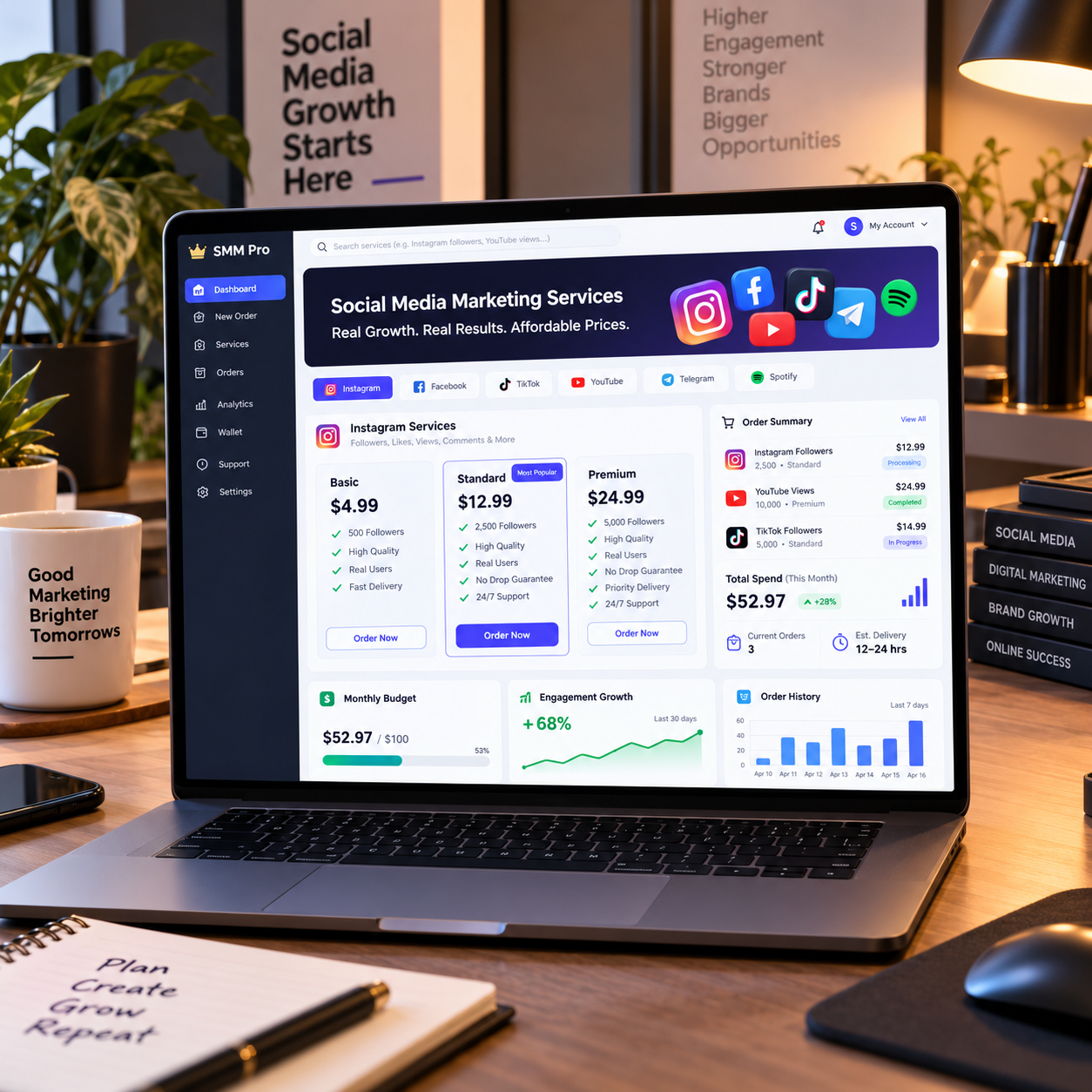 Social media marketing service pricing and order costs displayed on a laptop dashboard