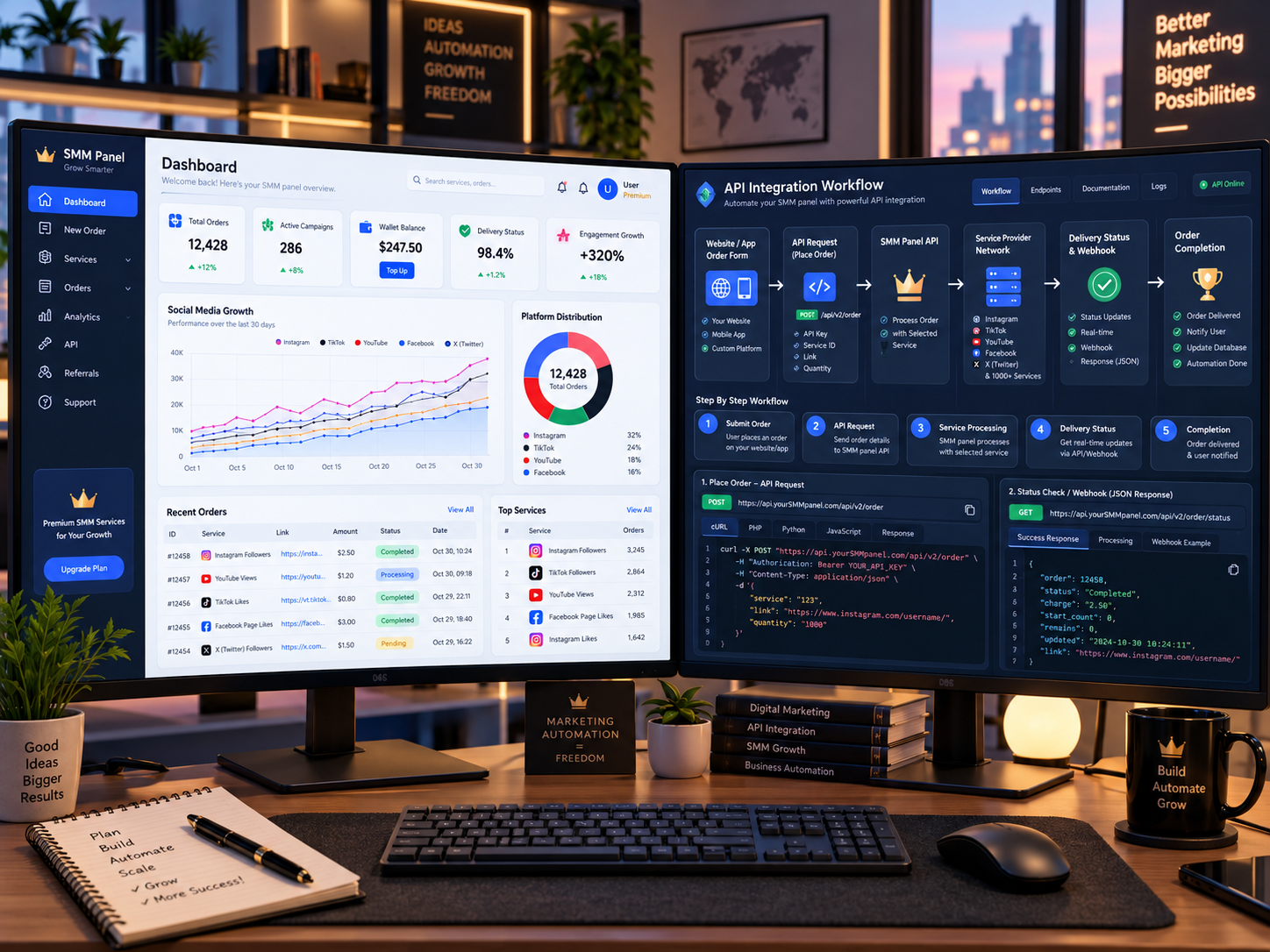 SMM panel dashboard and API integration workflow displayed on two computer screens