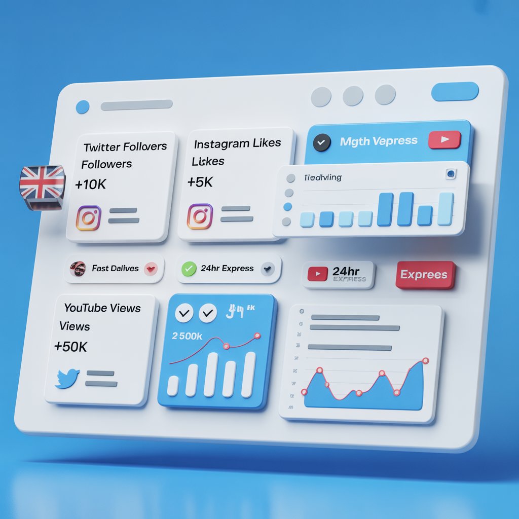 SMM dashboard showing automated social media orders, analytics charts, fast delivery indicators, UK digital marketing concept