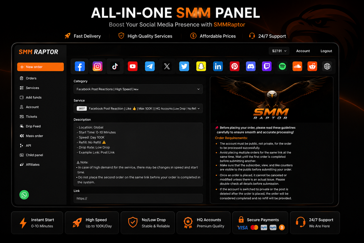 SMMRaptor dashboard showing social media marketing services for Instagram, TikTok, YouTube, Facebook, Telegram and X.